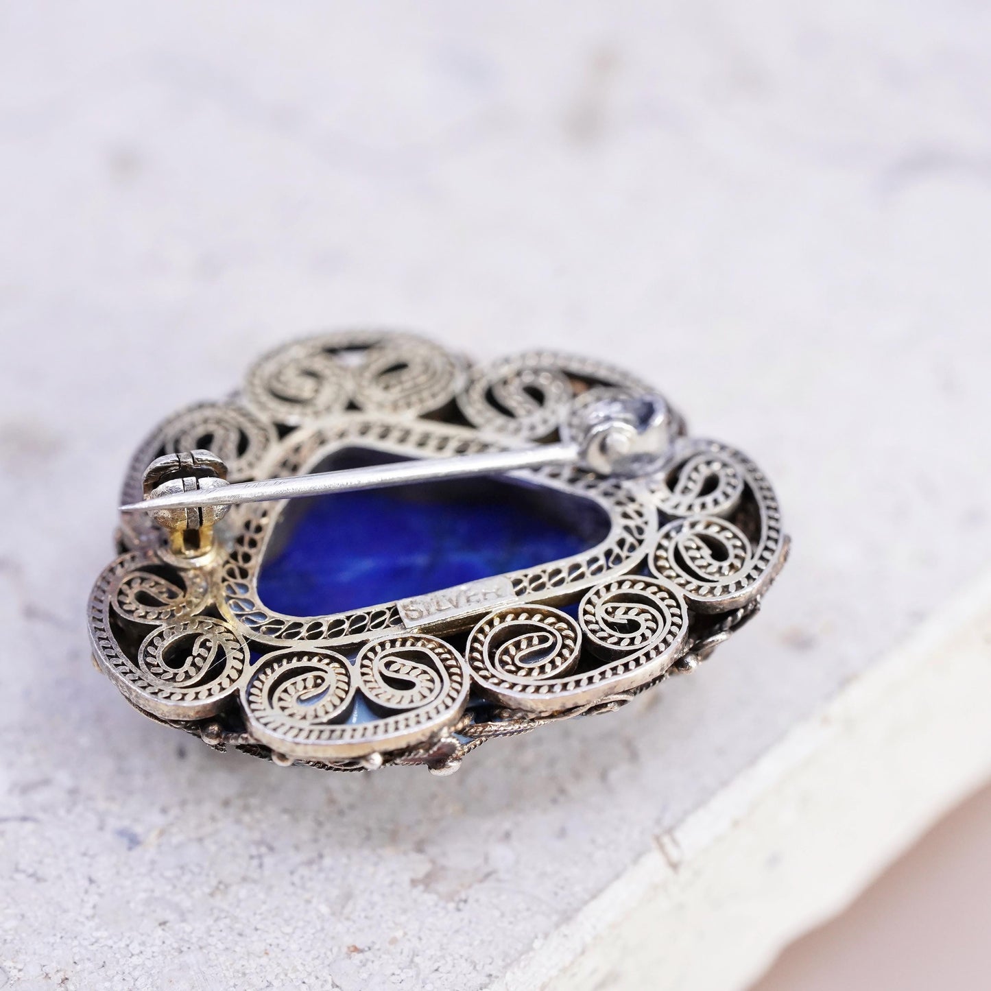 gold tone sterling silver brooch, 925 filigree pin with enamel and lapis lazuli