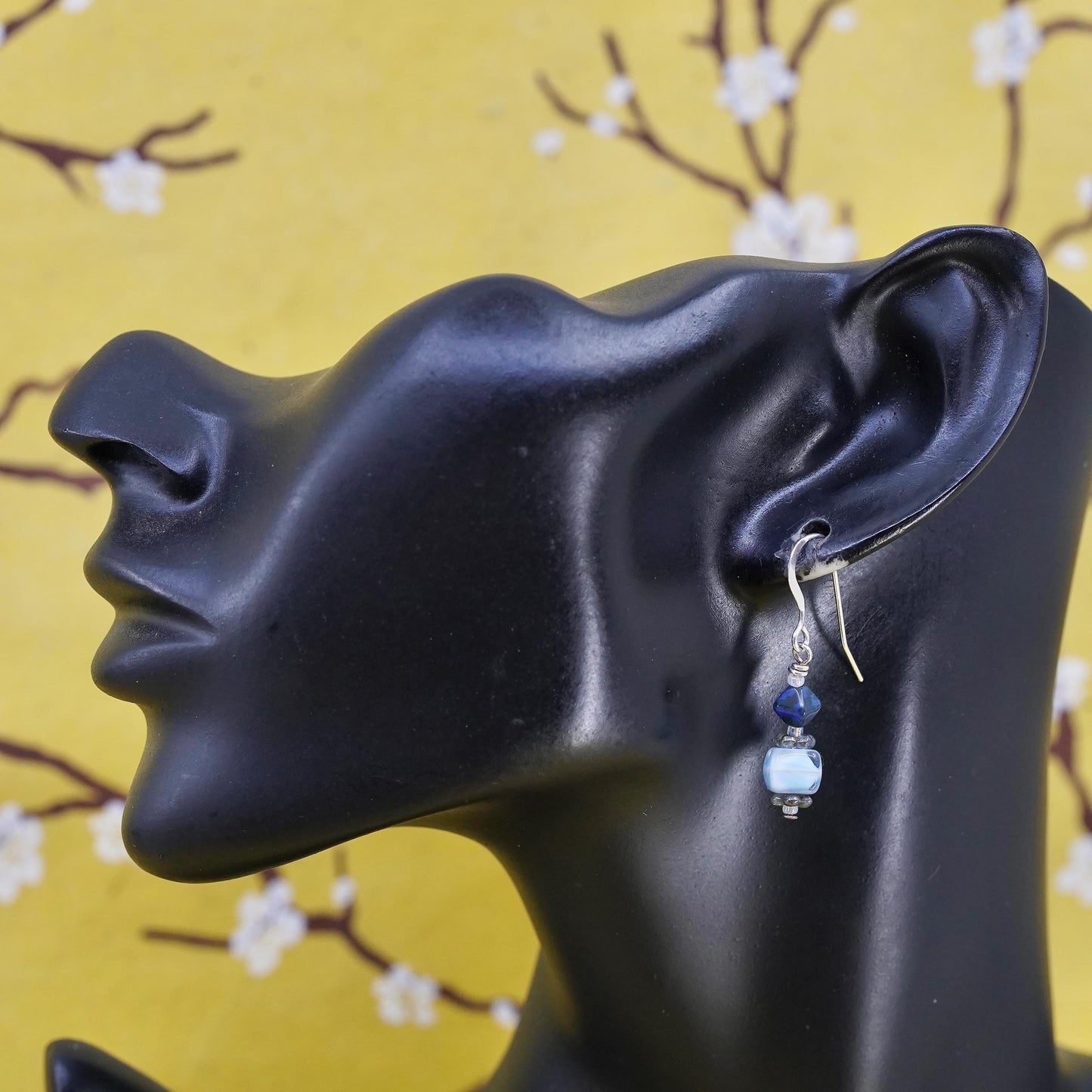 Vintage sterling 925 silver handmade earrings with lapis lazuli glass bead
