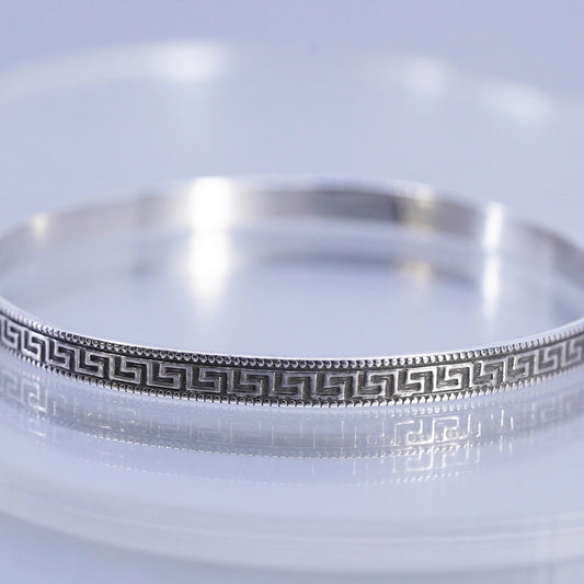 7.75", Vintage sterling silver 925 silver bracelet, greek key textured bangle
