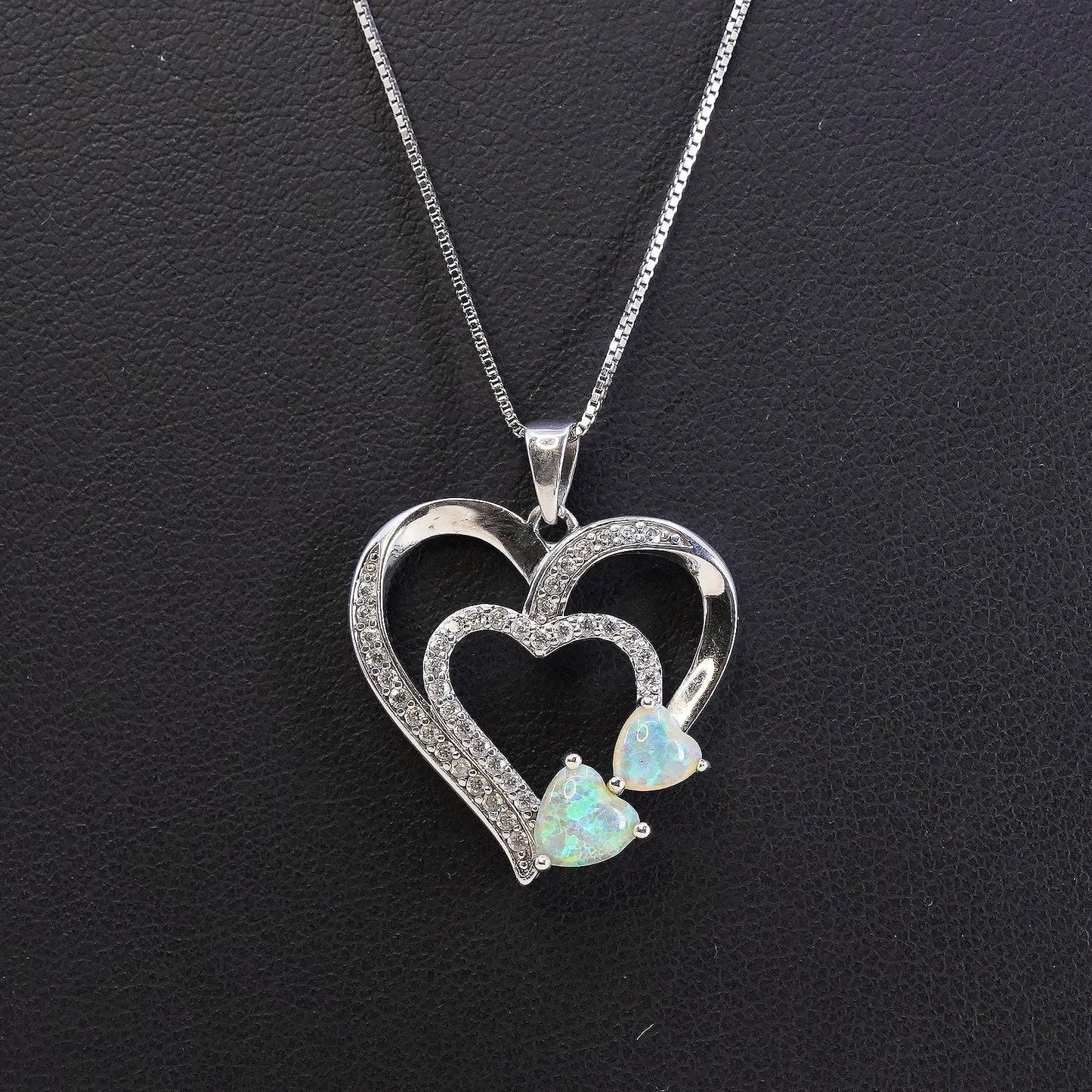 Opal Heart Necklace Sterling Silver 925 Double Heart White Topaz Pave Love