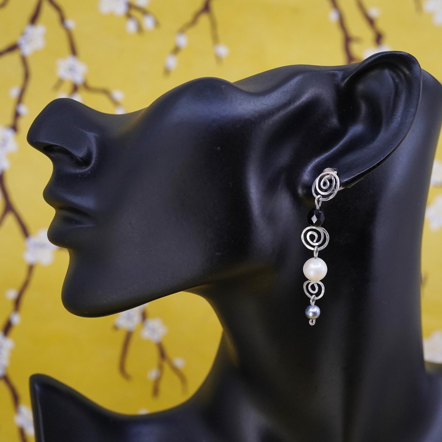 Vintage Sterling silver handmade earrings, 925 studs with pearl drops