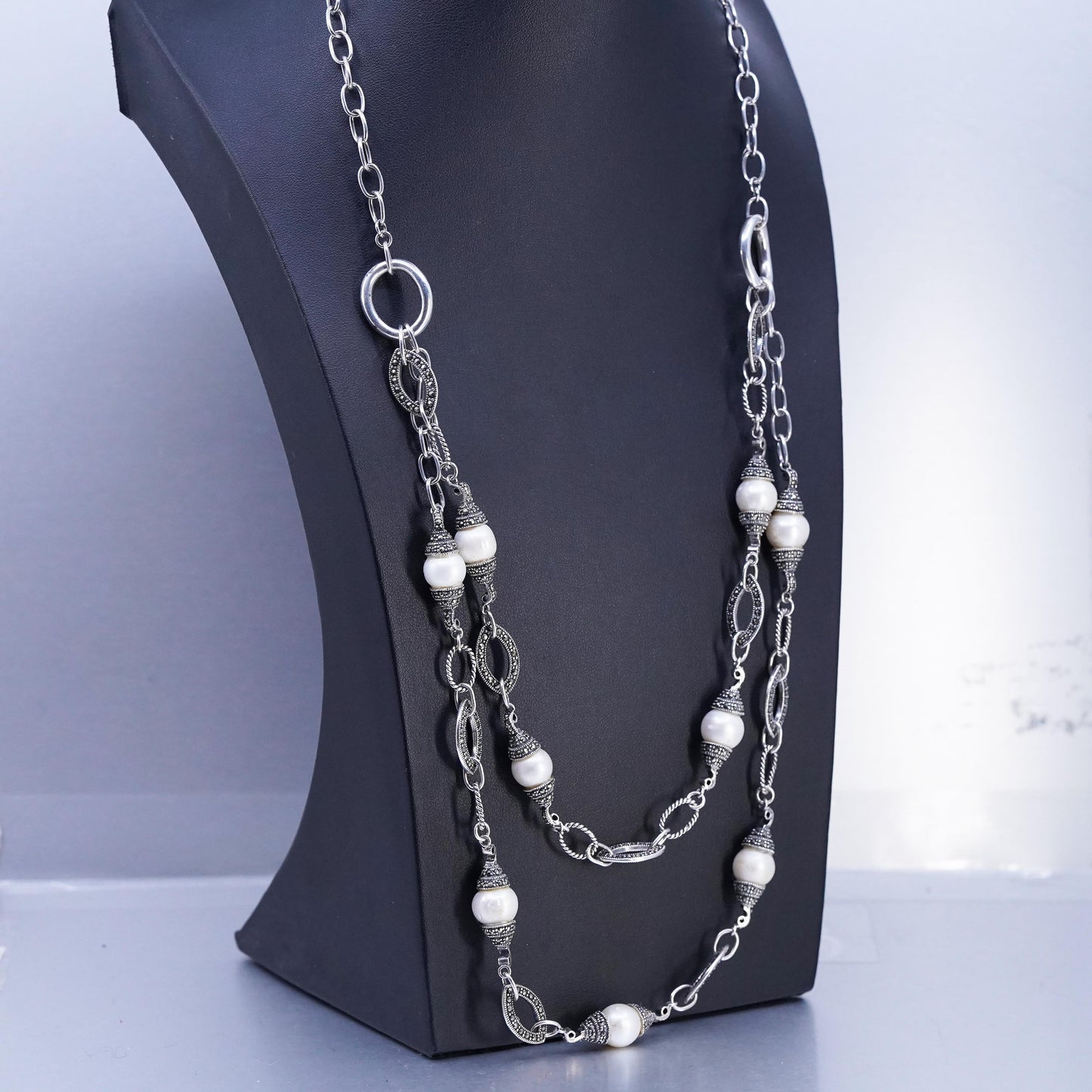 24", Sterling 925 silver double strands necklace double sided marcasite pearl