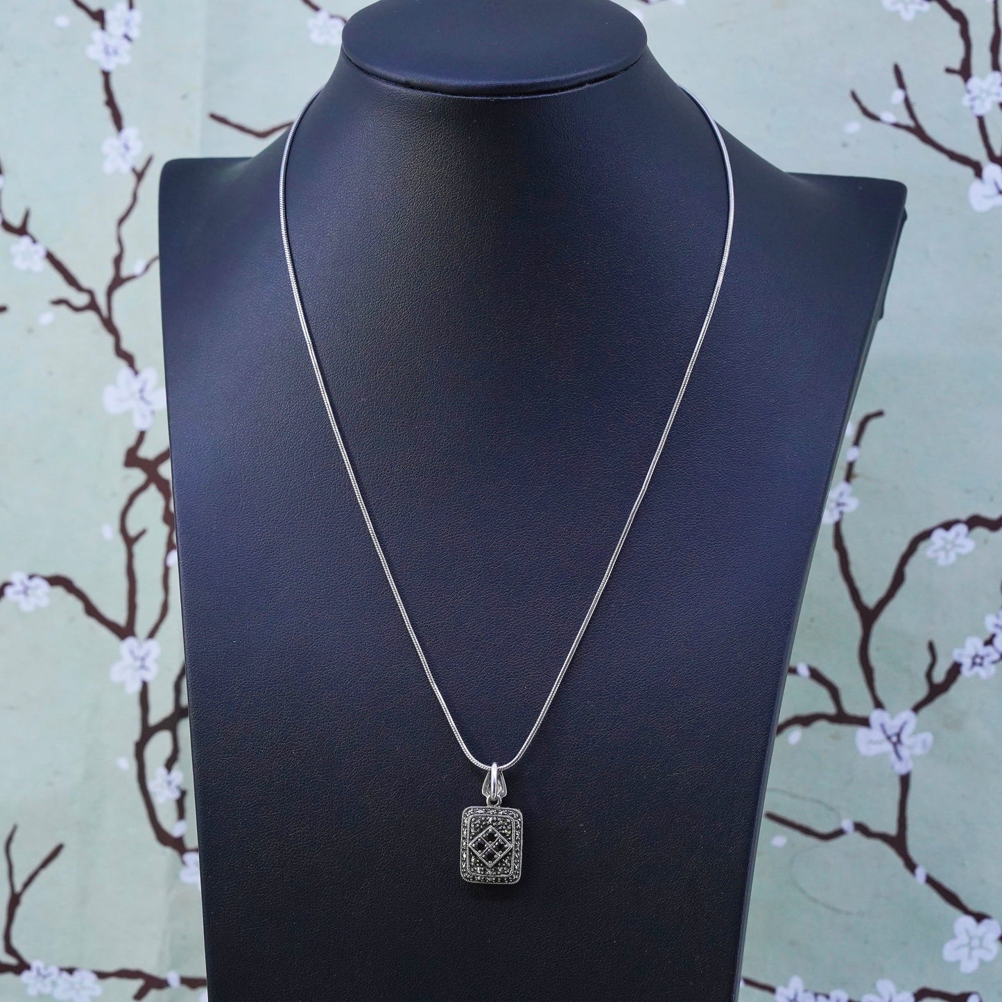 18", sterling 925 silver necklace, snake chain square marcasite garnet pendant