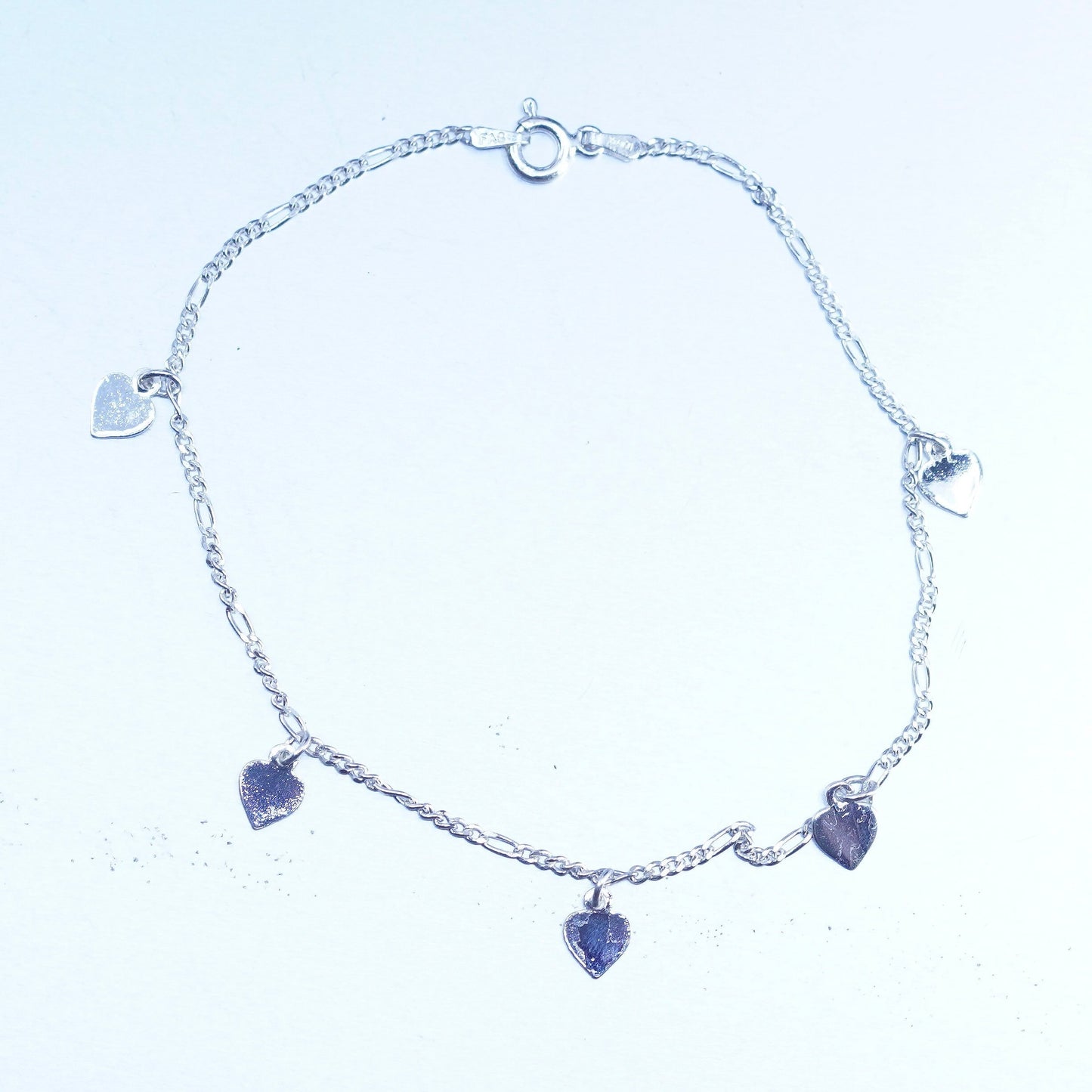 9” 2mm, vintage Sterling 925 silver figaro bracelet anklet with heart charms