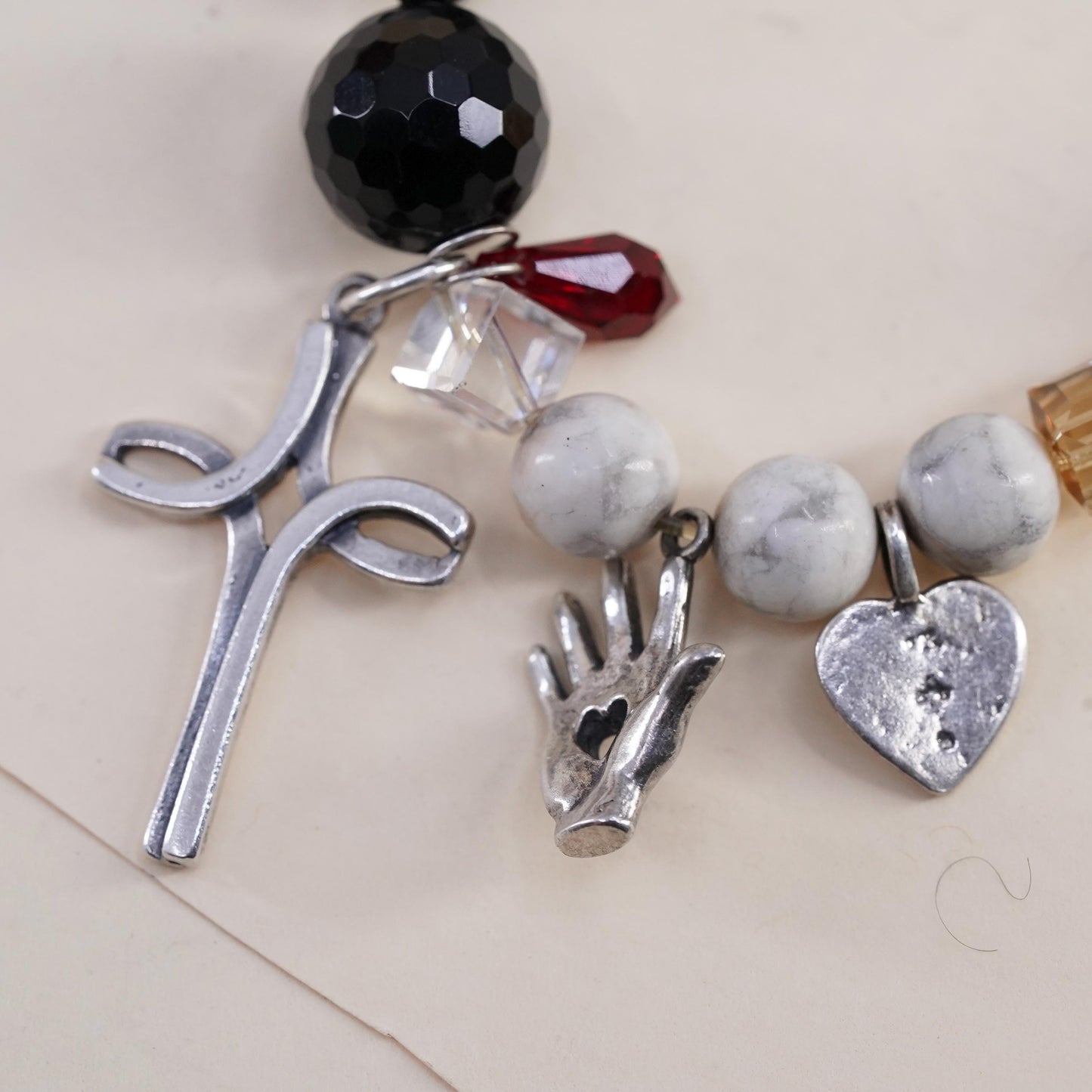 7", stretchy bracelet wood howlite beads prayer cross fish heart bible charms