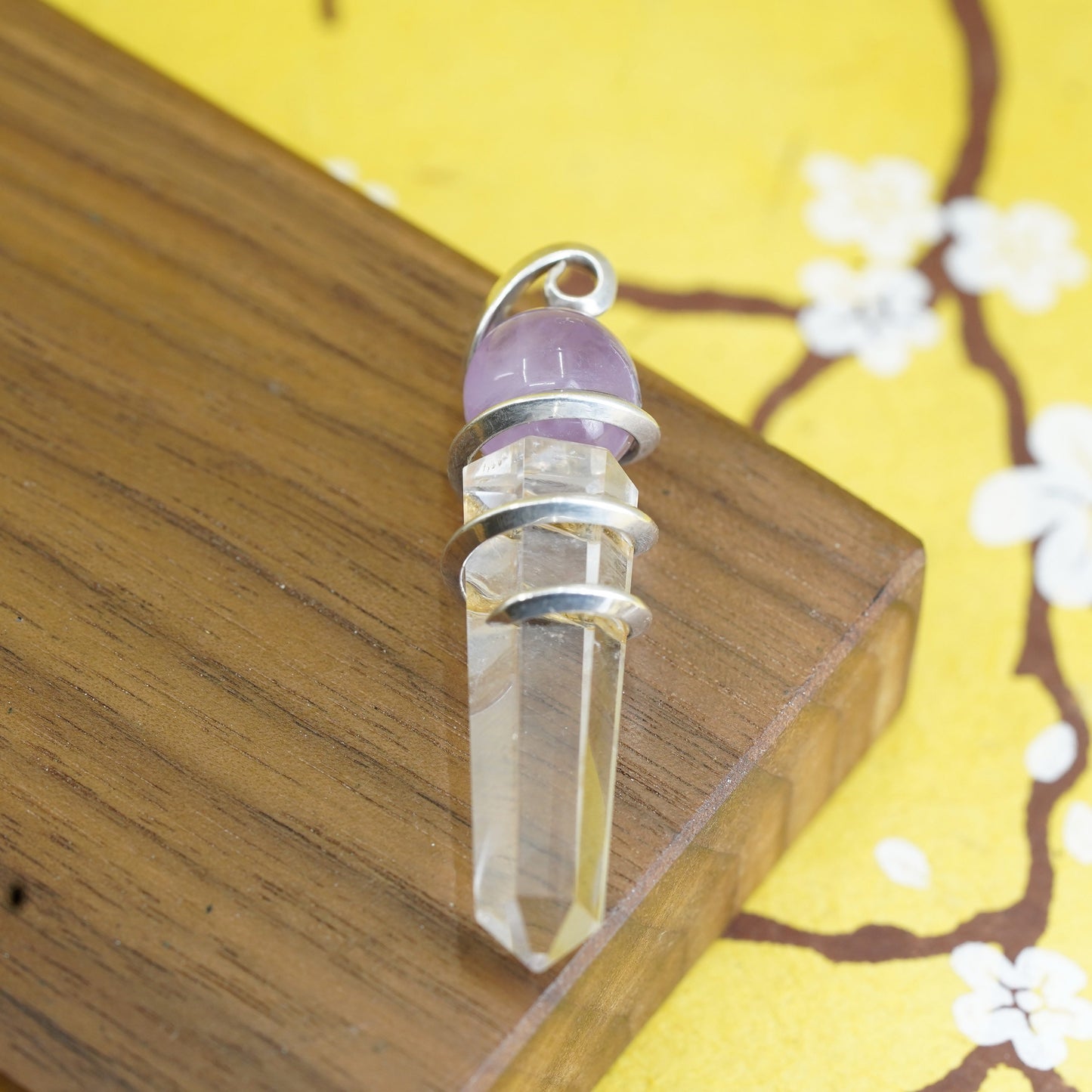 Vintage sterling 925 silver handmade healing crystal wired pendant w/ amethyst