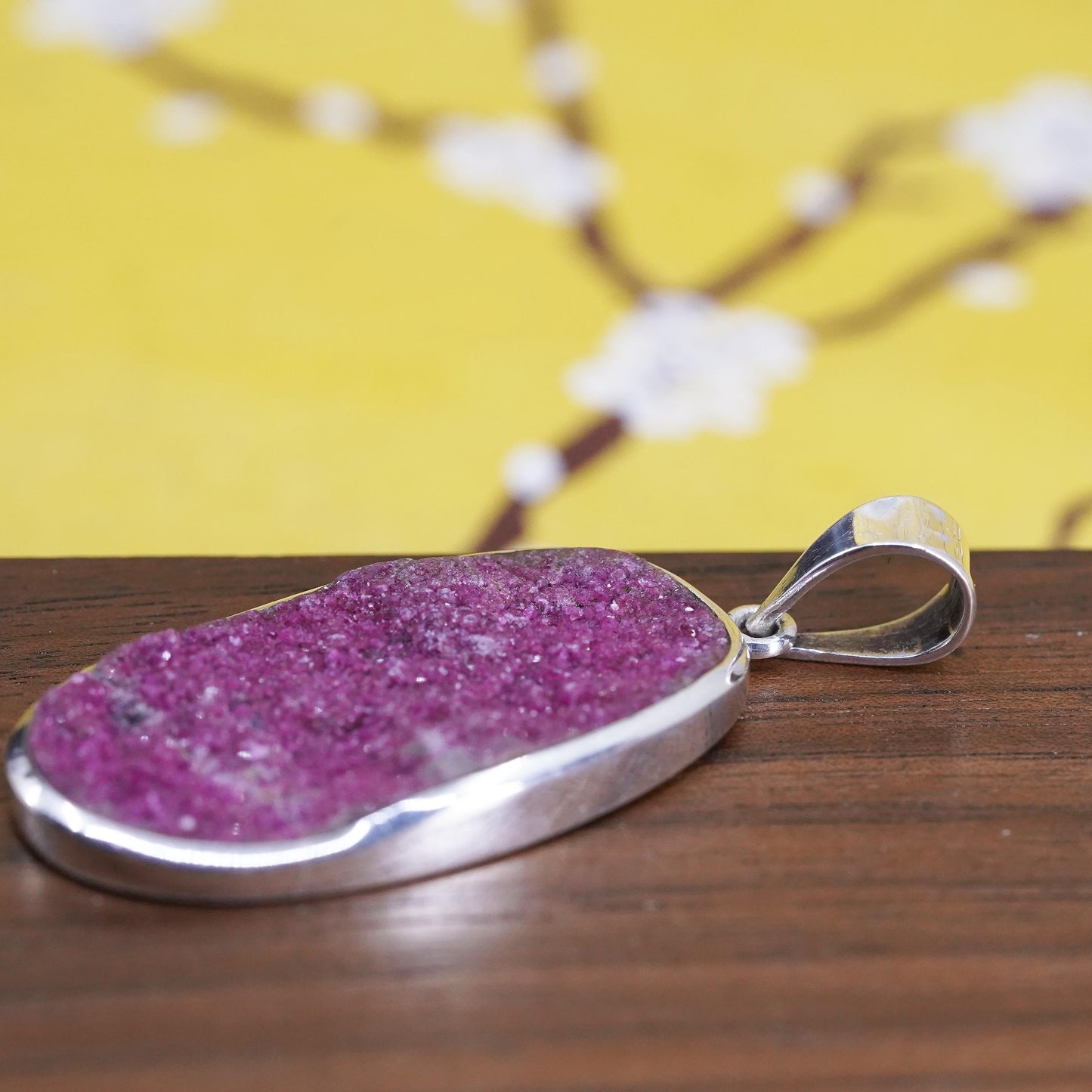 Vintage Sterling silver handmade pendant, 925 oval with rose pink druzy stone