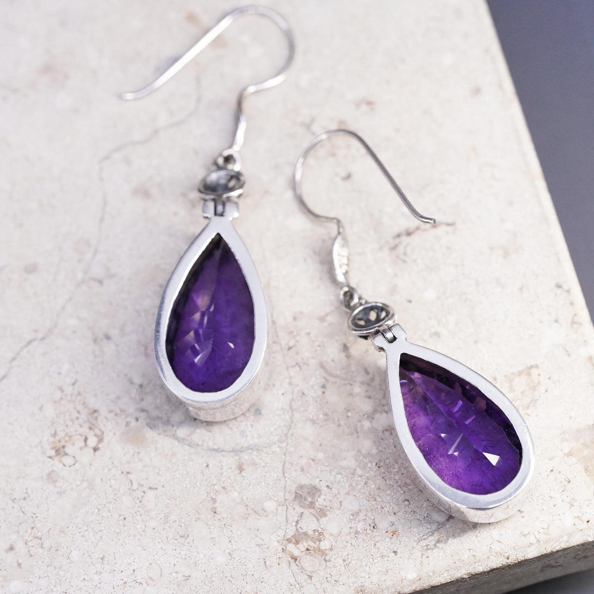 Vintage sterling 925 silver handmade teardrop earrings with amethyst