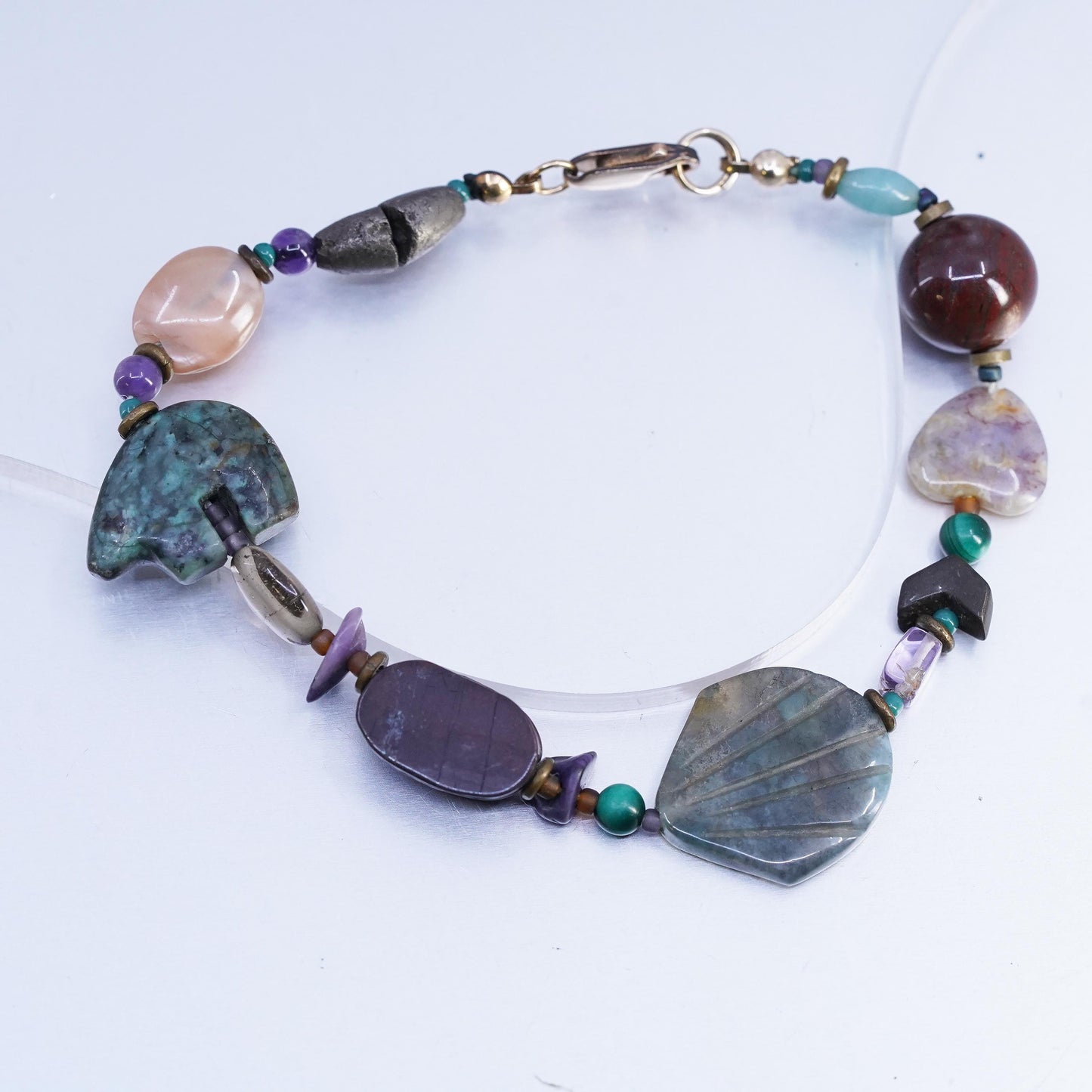 7.5", southwestern bracelet with curved turquoise bear, turtle moss agate shell