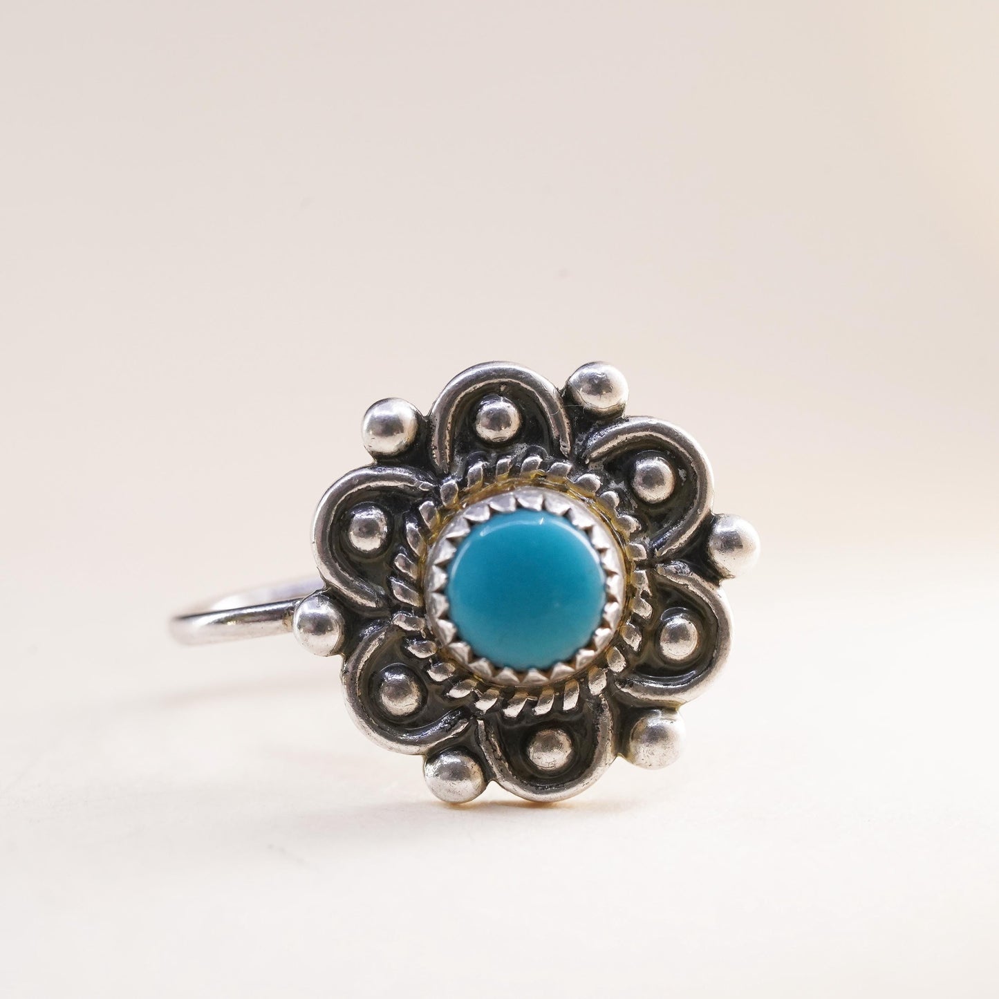 Vintage sterling silver single earring, 925 screw back flower with turquoise