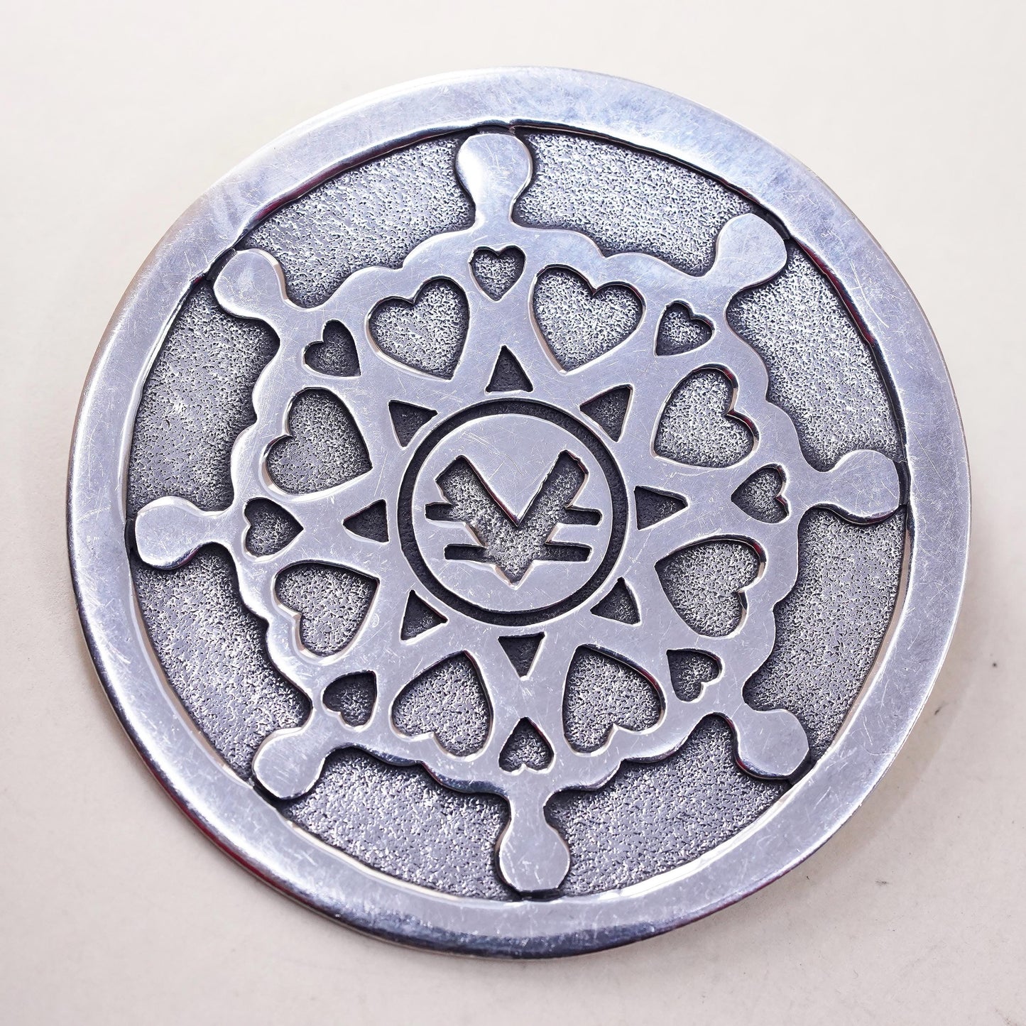 Vintage 925 Sterling Silver Large Round Brooch, Nordic Heart Mandala pendant