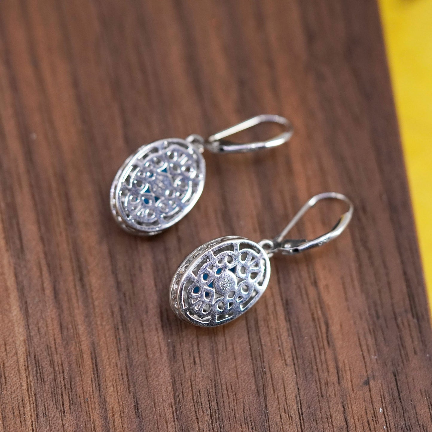 Vintage Sterling 925 silver handmade oval earrings with turquoise and blue cz