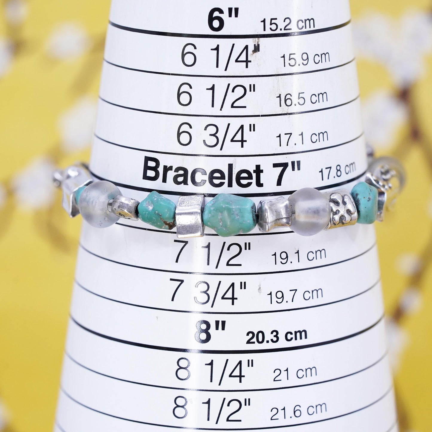 7.25” DANON Native American silver tone bracelet, turquoise beads bracelet