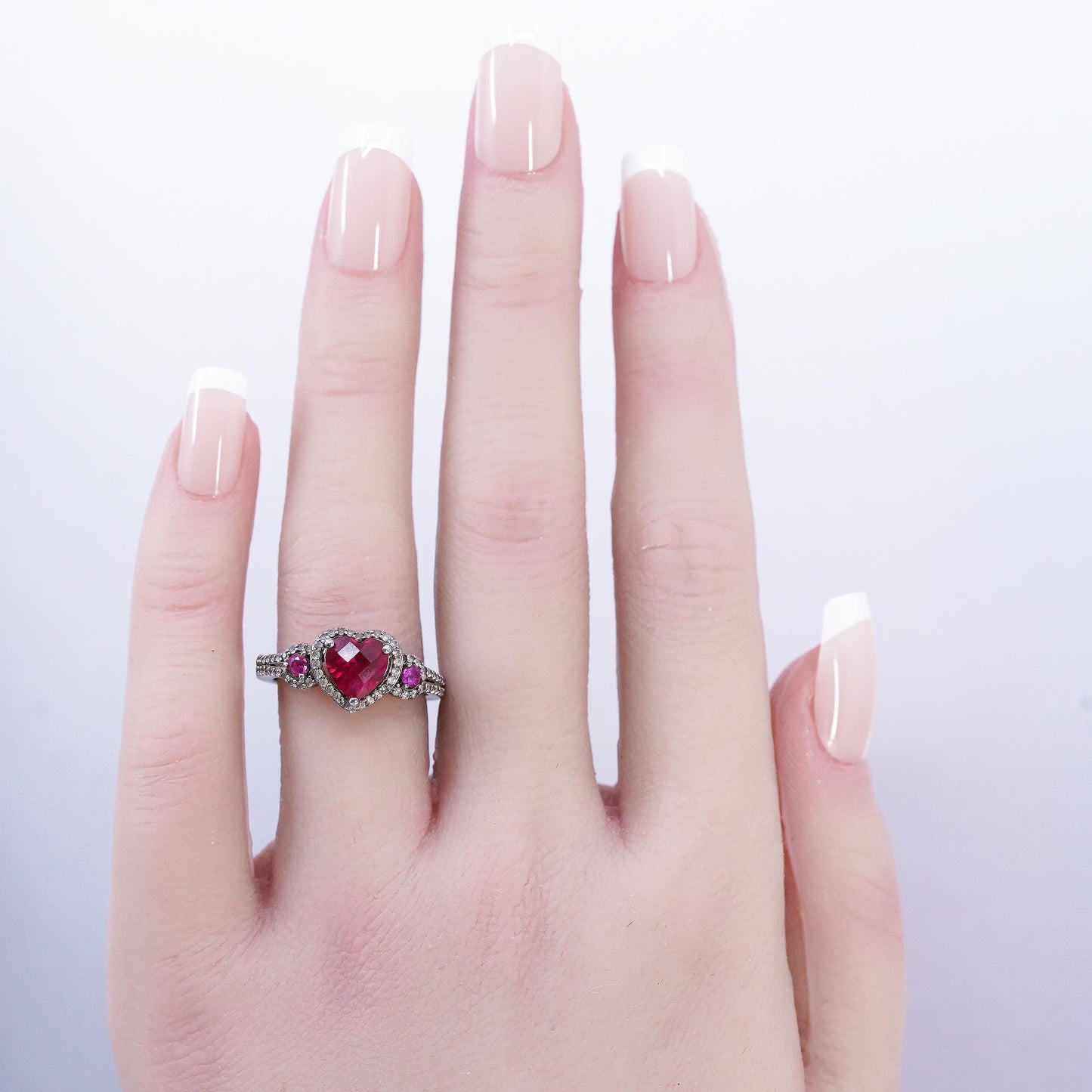 Size 7, PM 925 Sterling Silver Ruby Diamond Heart Ring, July Promise Heart Halo
