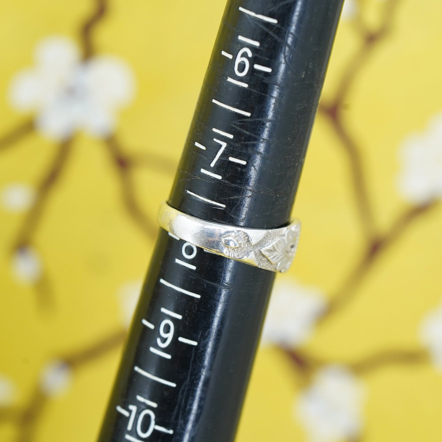 Size 7.75, Vintage Sterling silver handmade ring, 925 band with leaf engraved