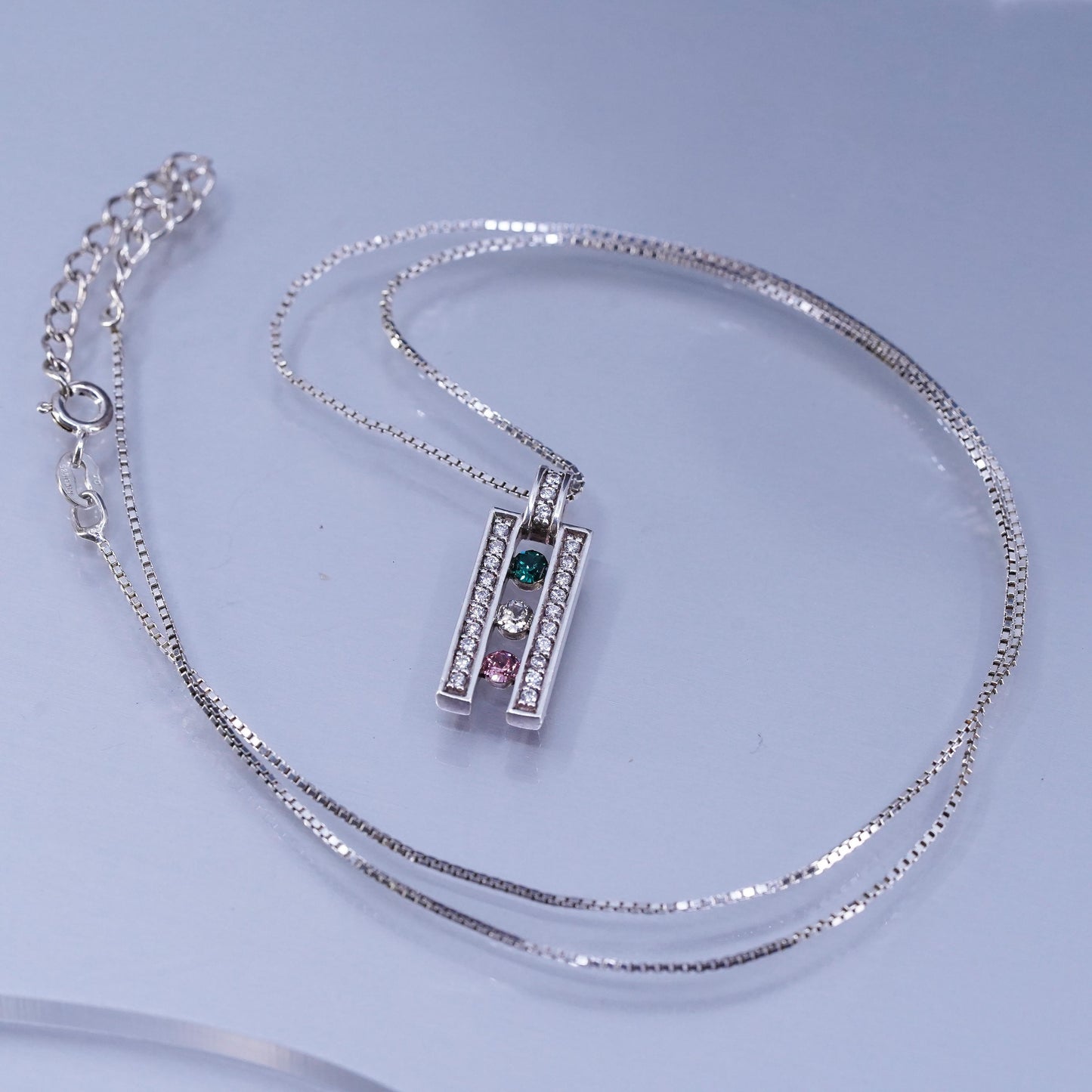 18+2”, vintage Sterling 925 silver box chain necklace with crystal pendant