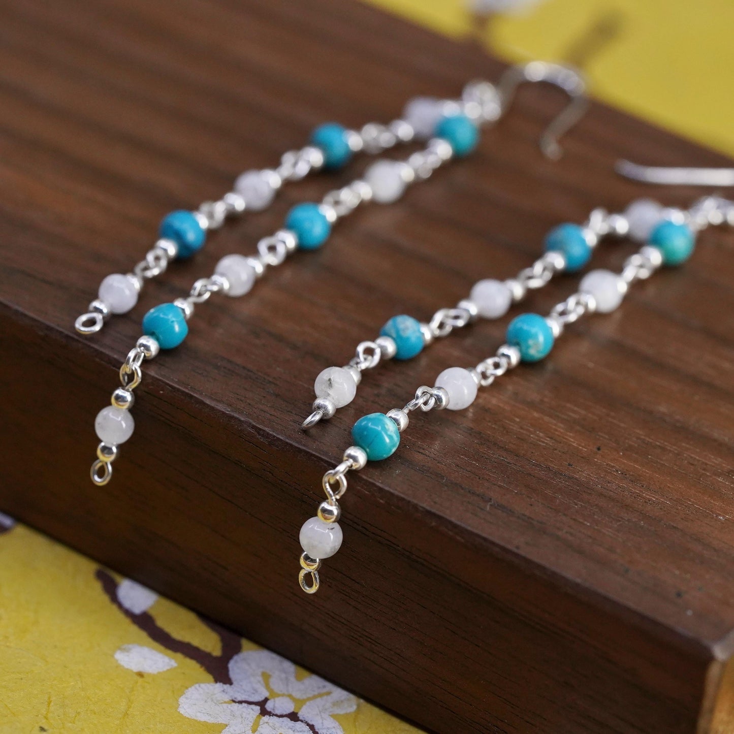 Vintage Sterling 925 silver handmade long earrings w/ turquoise moonstone bead