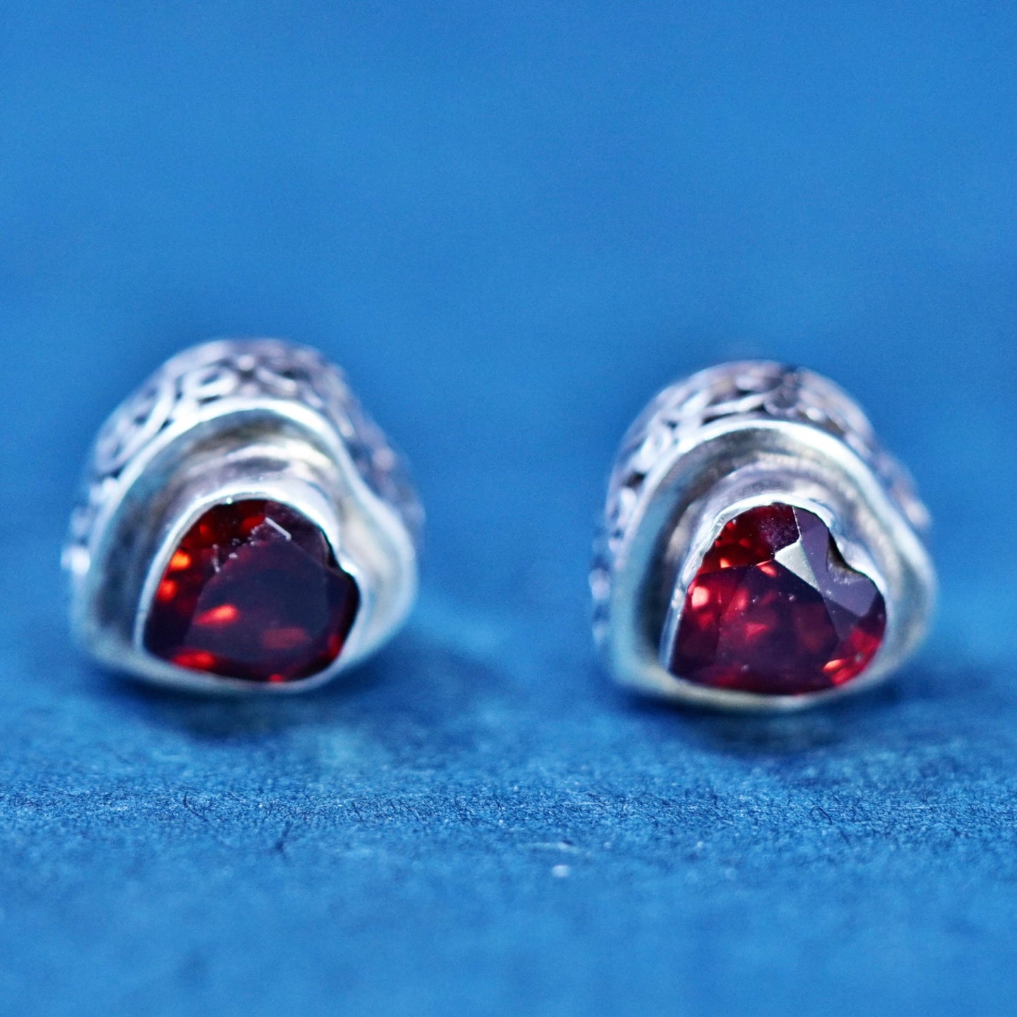 Vintage Sterling silver handmade earrings, 925 heart studs with ruby