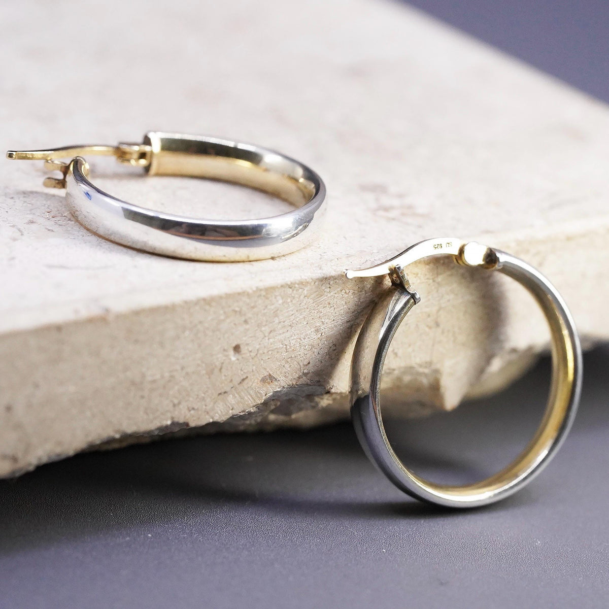 1", vintage two tone Italy Sterling silver handmade earrings, 925 hoops, huggie