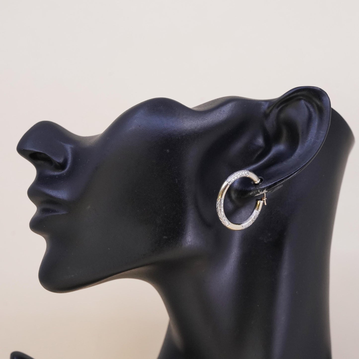 1", Vintage 1/20 10K yellow gold sterling silver single earring, textured hoop