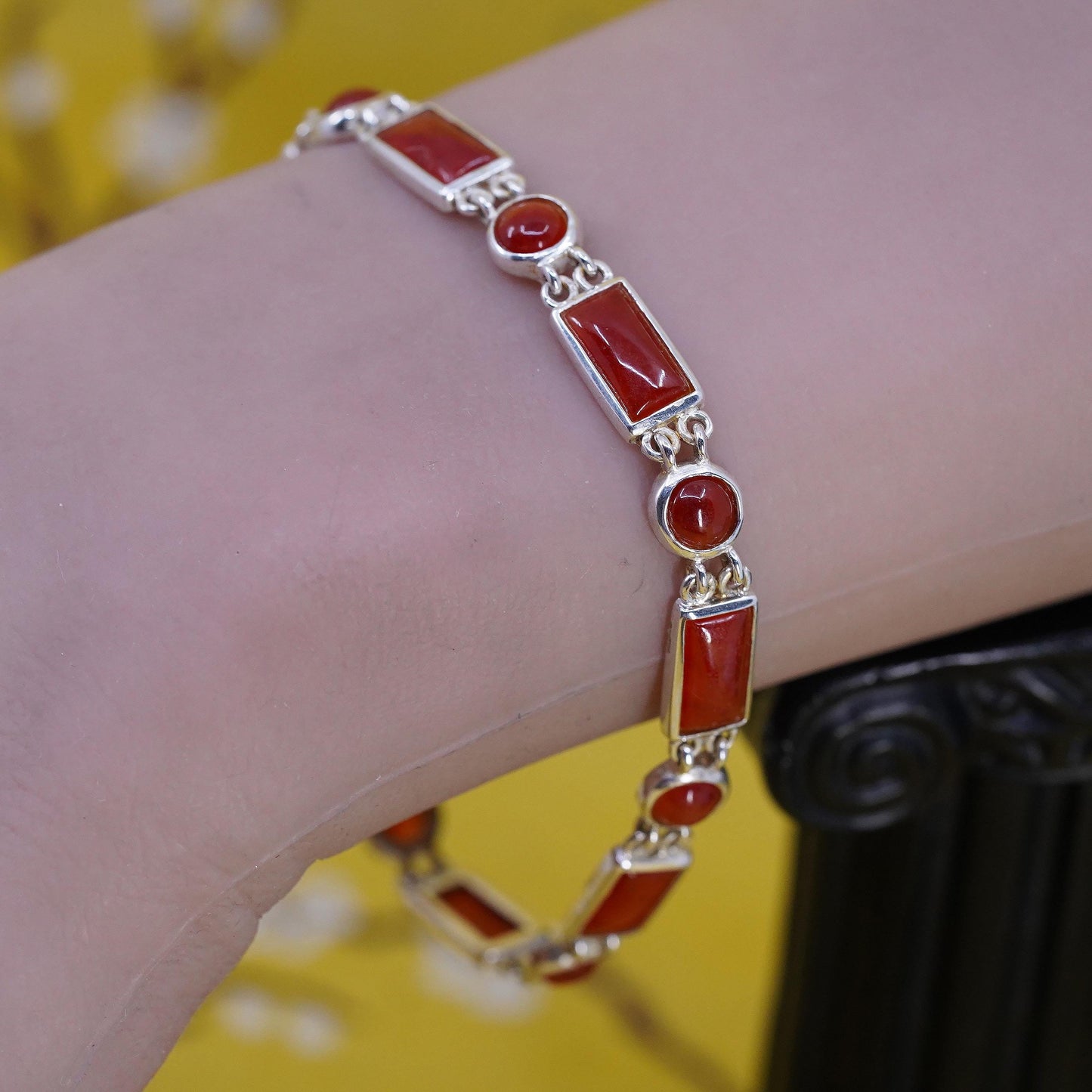 7.25”, Vintage HK sterling silver handmade bracelet, 925 tennis chain carnelian