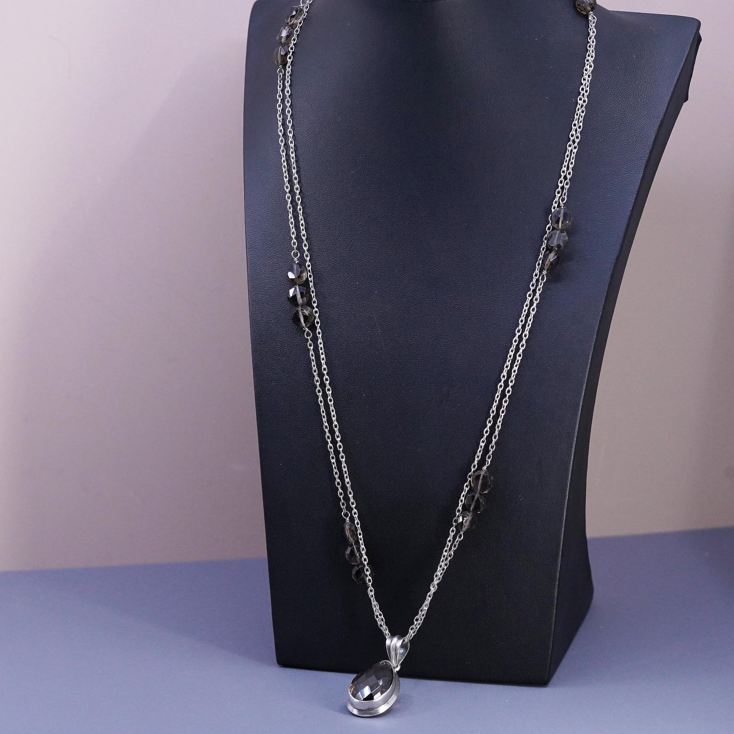 26", Sterling 925 Silver double strands necklace, Smoky Quartz teardrop pendant