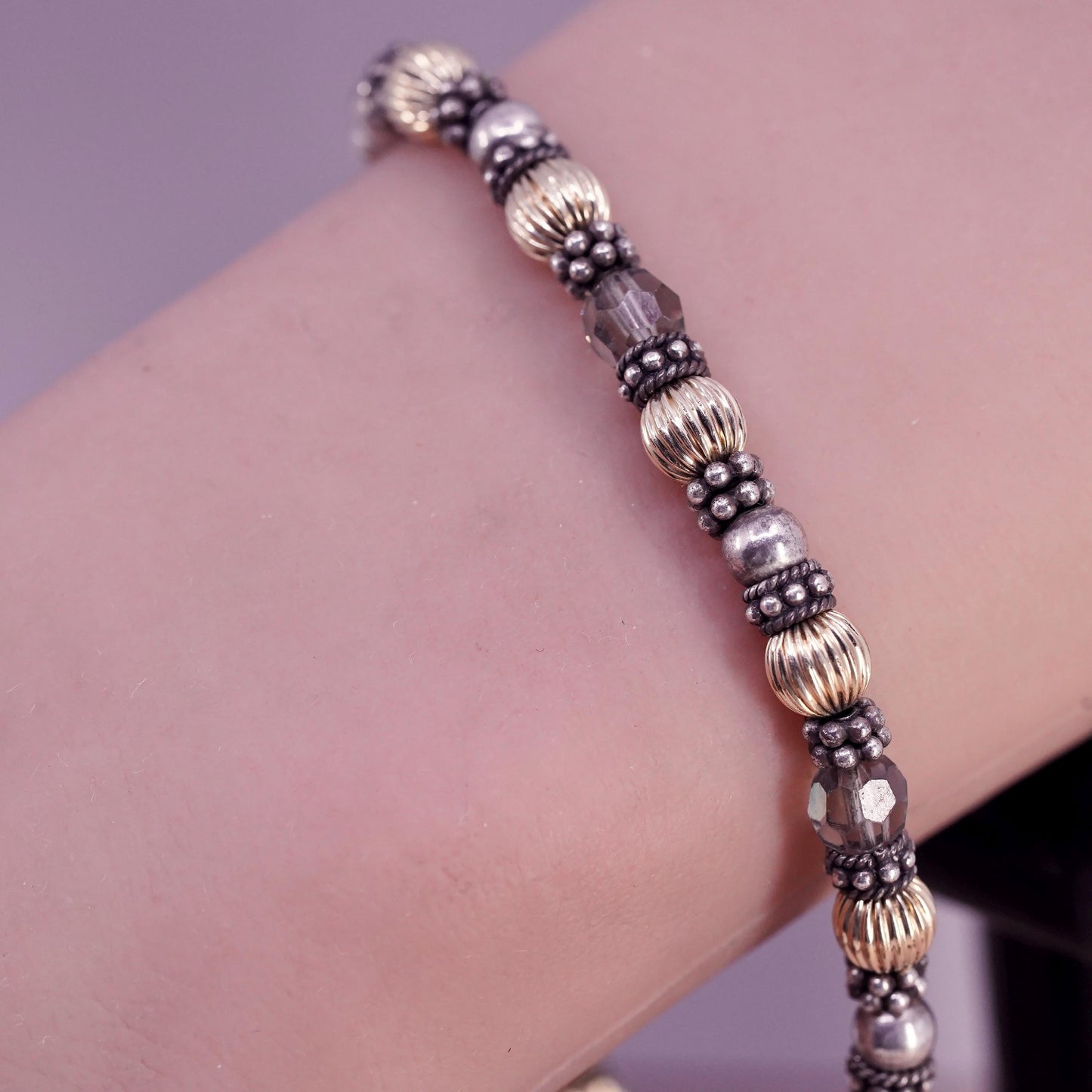 8.5", vintage sterling handmade bracelet, 14K gold, crystal beads chain