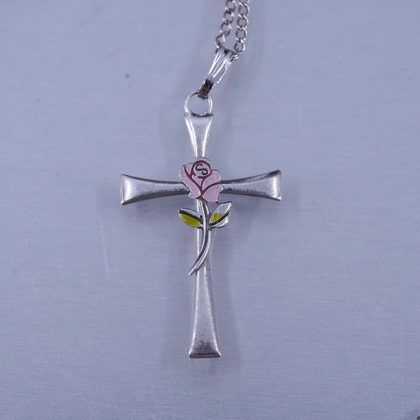 18”, vintage Sterling 925 silver circle necklace with cross pendant rose flower