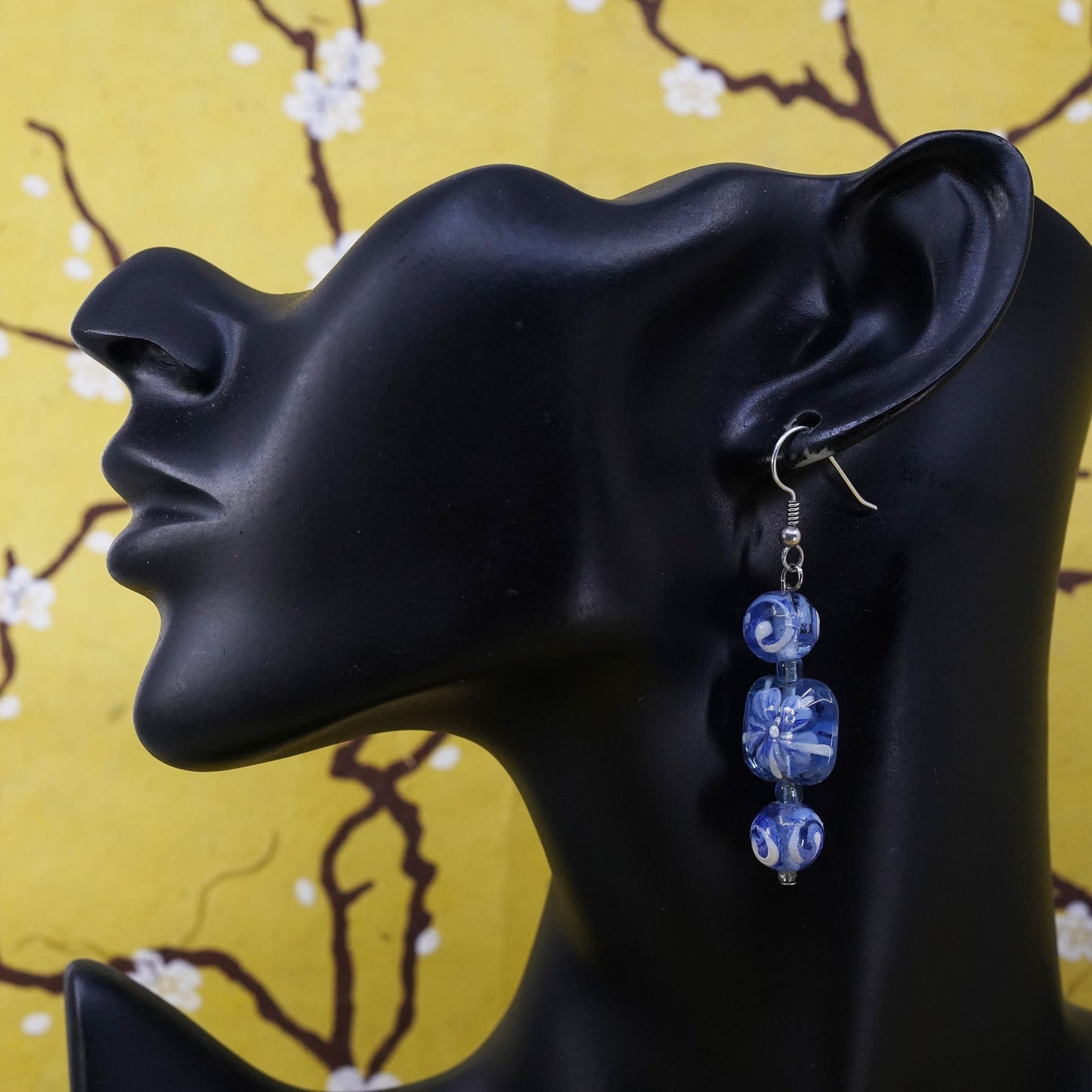 Vintage sterling 925 silver handmade earrings with blue floral glass bead