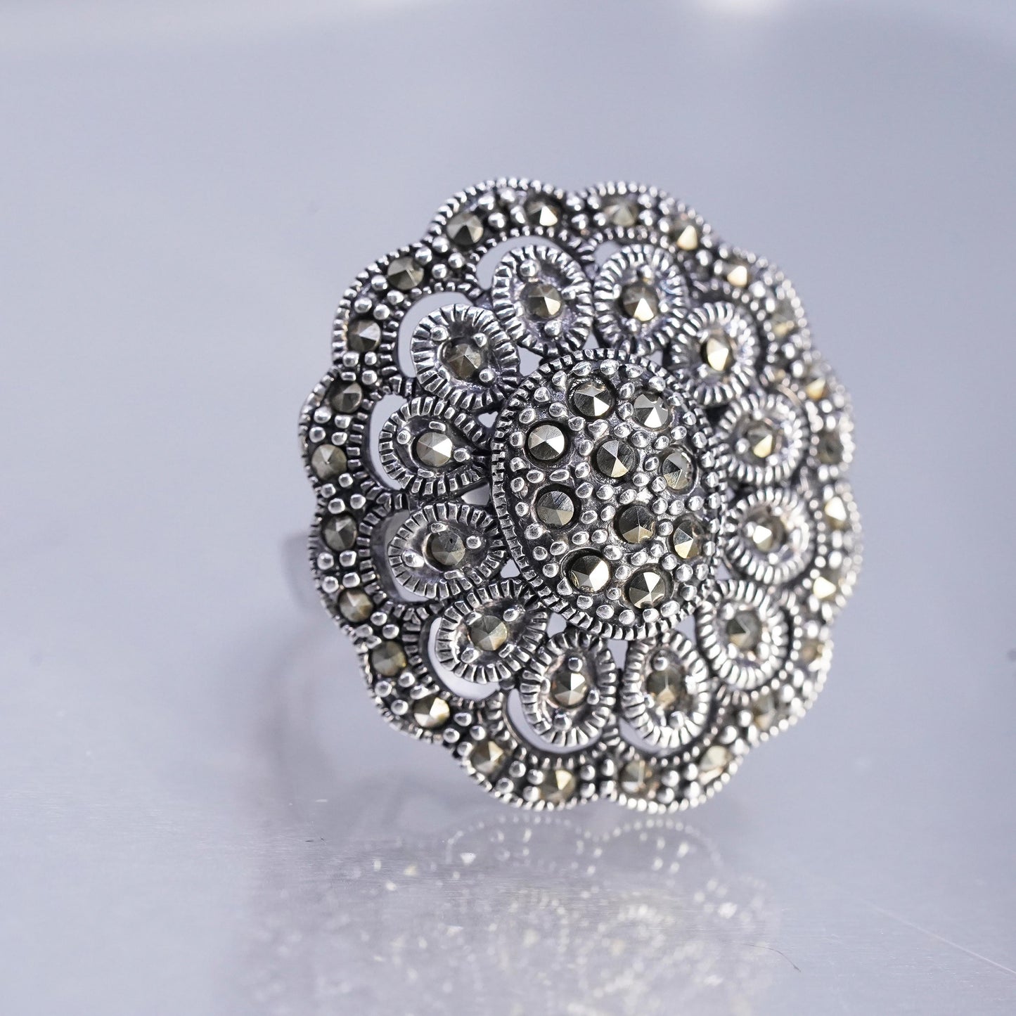 Size 10.5 southwestern Sterling 925 silver ring filigree band cluster marcasite