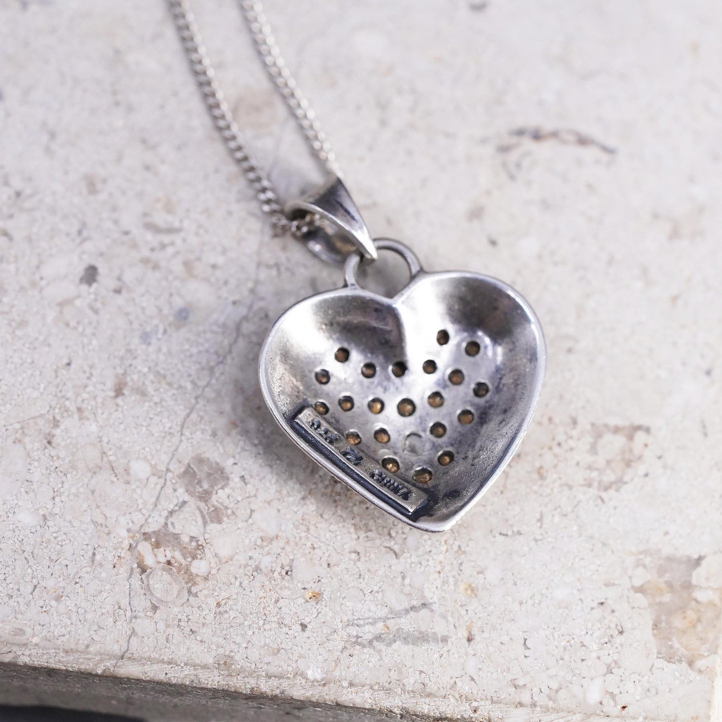 18", VTG Sterling silver necklace, 925 curb chain marcasite cz heart pendant