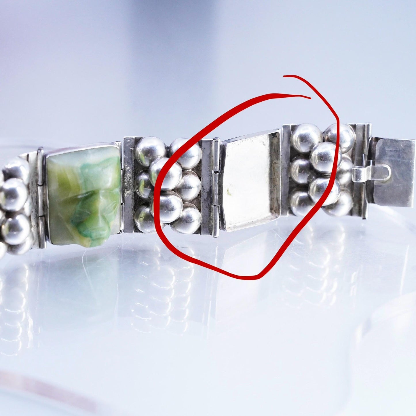 6", DEFECTED! Mexican Sterling Silver Carved Jade Face Mask Panel Bracelet