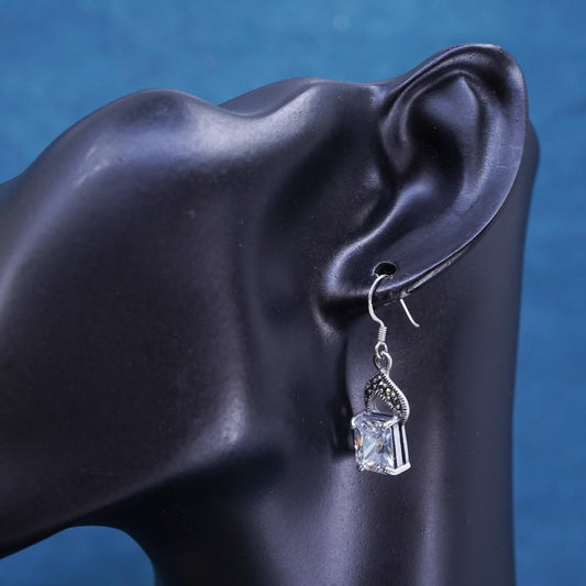 Vintage sterling 925 silver handmade earrings with emerald cut cz and marcasite