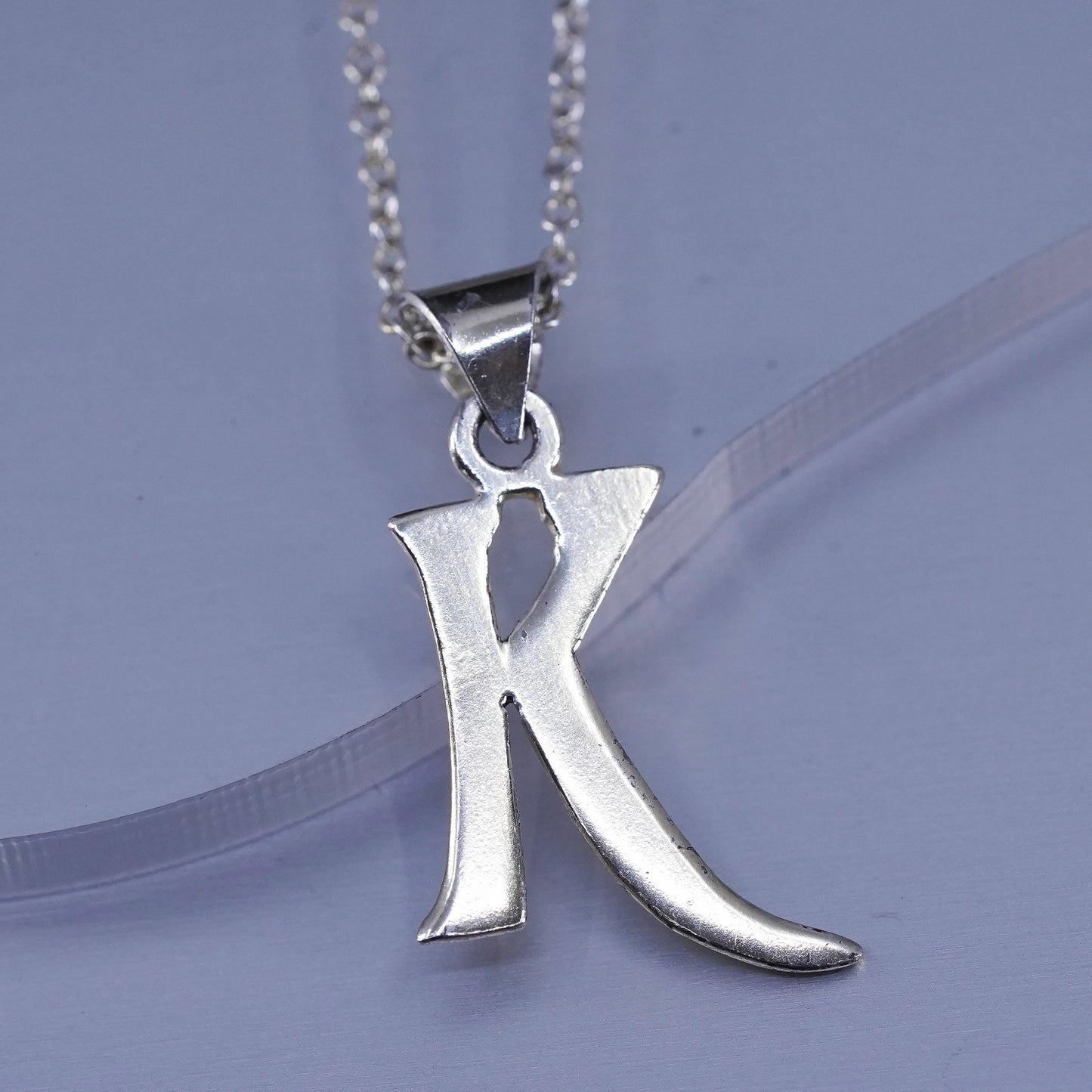 18”, vintage Sterling silver necklace, 925 circle chain with letter K pendant