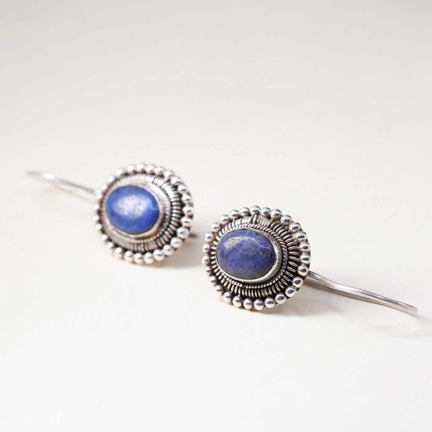 Vintage Sterling 925 Silver Handmade earrings with oval lapis lazuli and beads