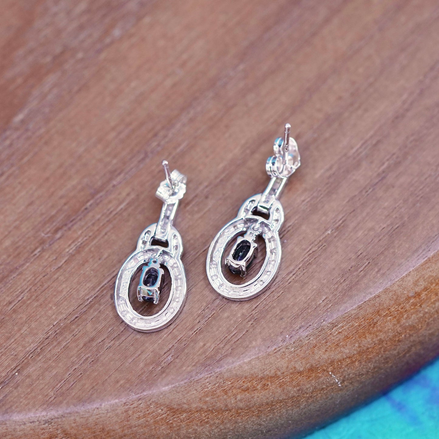 Vintage Sterling silver earrings, 925 oval drops with sapphire and diamond