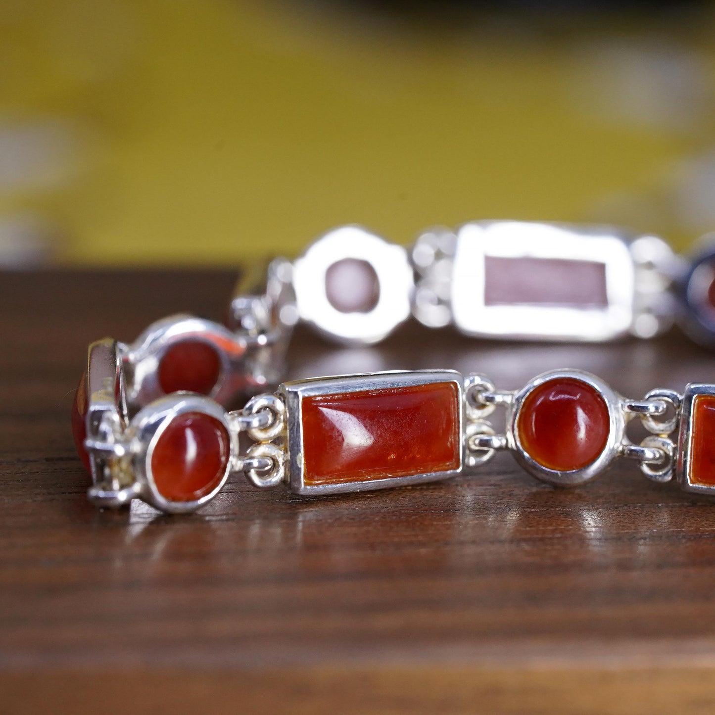 7.25”, Vintage HK sterling silver handmade bracelet, 925 tennis chain carnelian