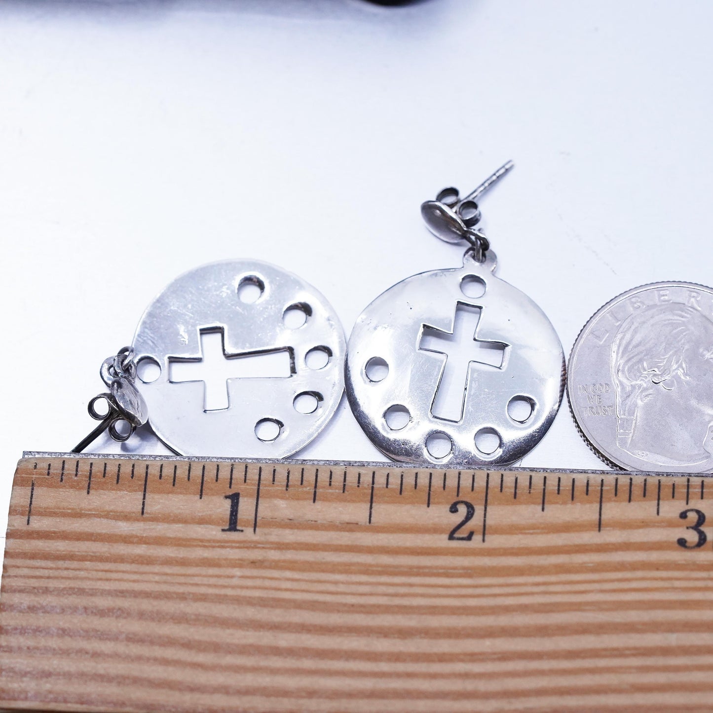 Vintage Sterling 925 silver handmade cross cut out disc earrings