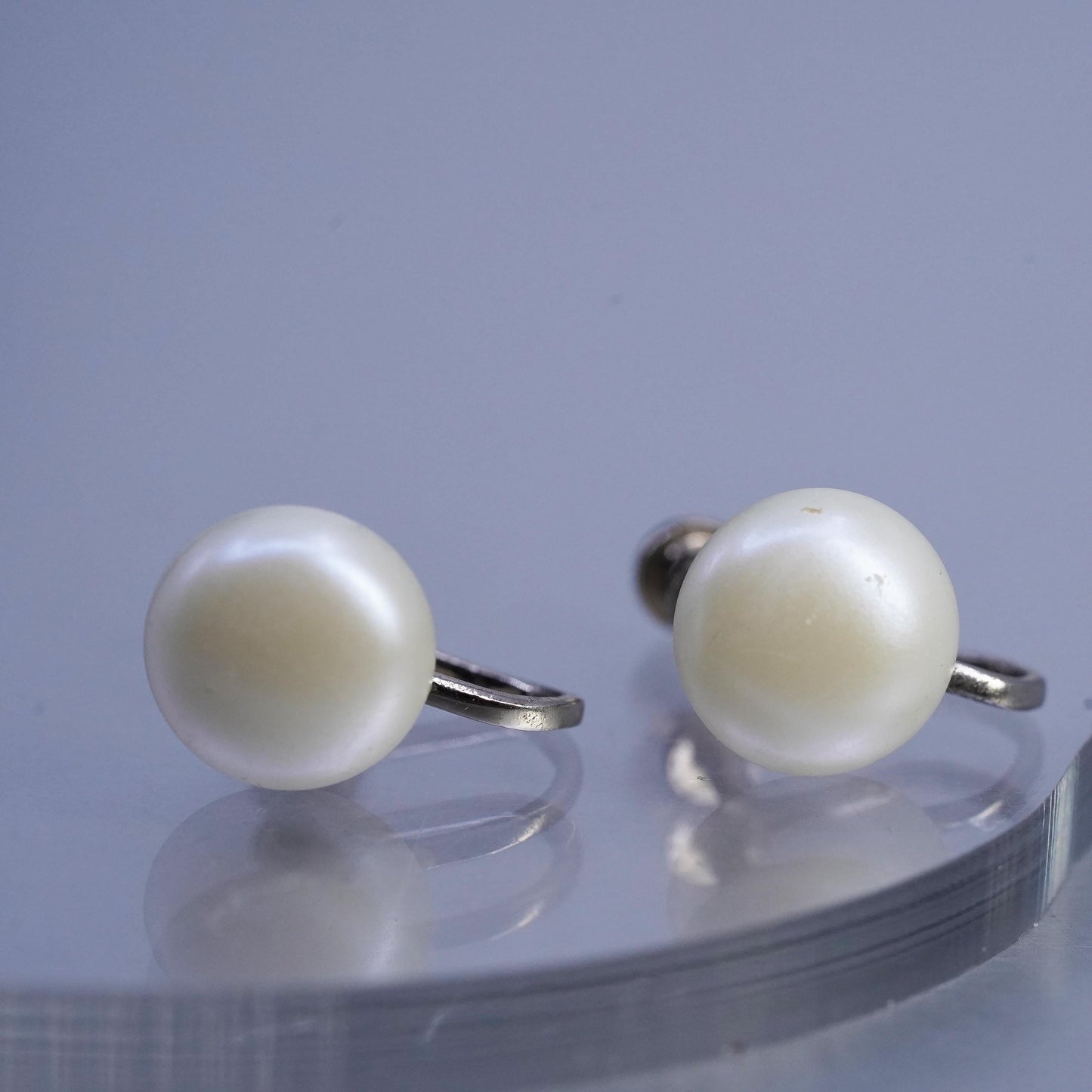 Vintage Sterling 925 Silver Handmade Screw Back Earrings With faux Pearl