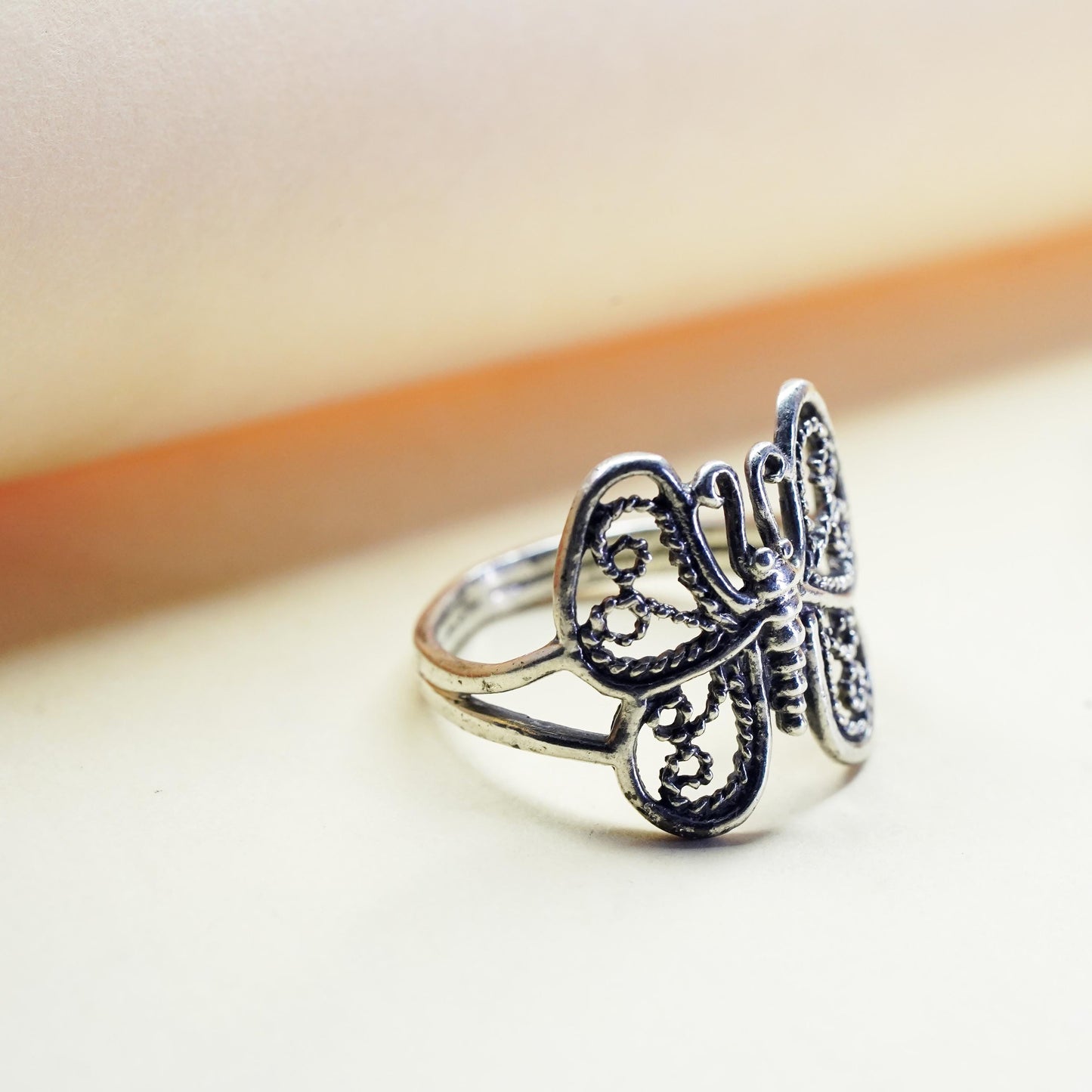 Size 7.25, vintage Sterling silver handmade ring, 925 filigree butterfly band