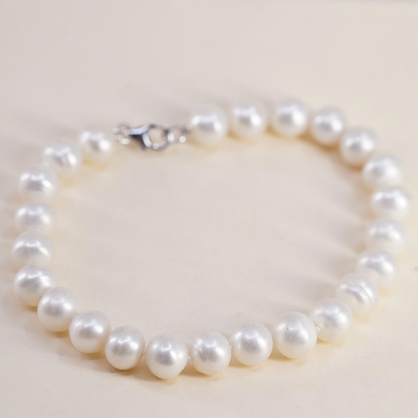 7” 7mm-9mm, Vintage handmade bracelet, freshwater pearl with 925 silver clasp
