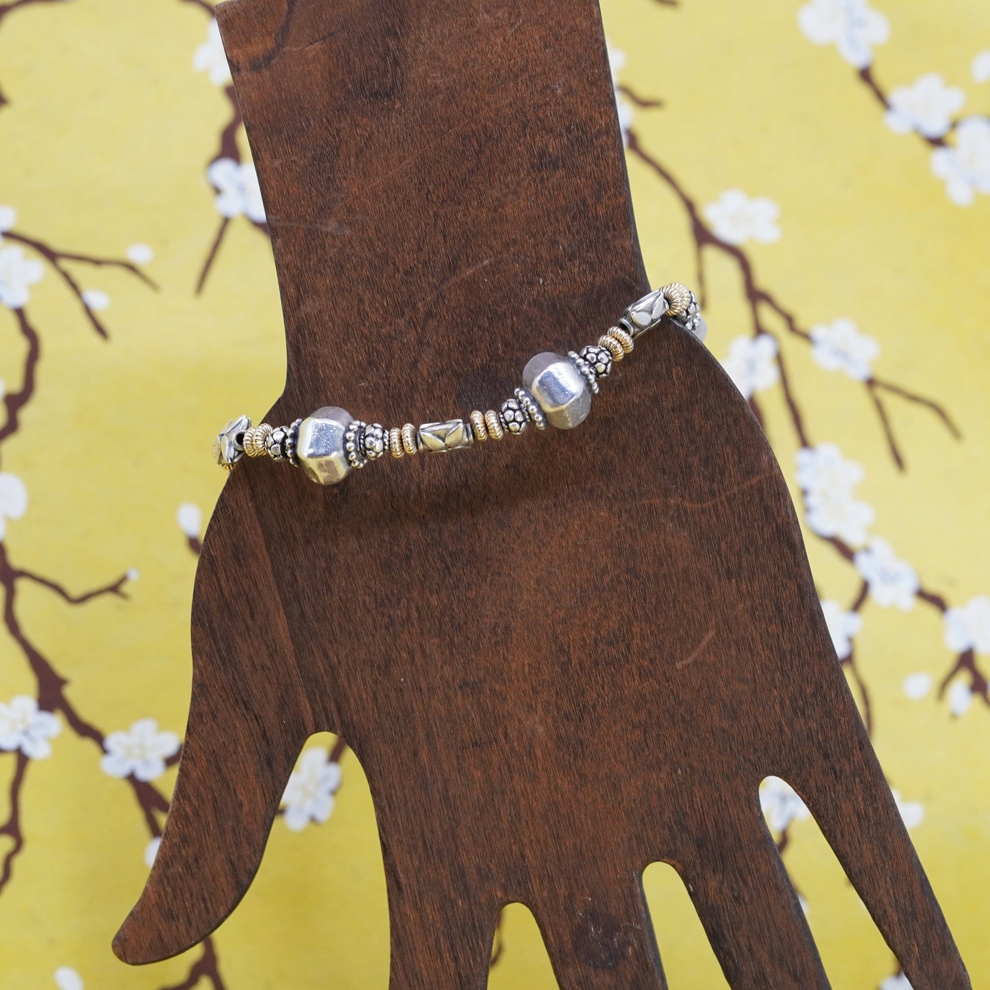 6.5”, Vintage two tone Sterling silver handmade bracelet, 925 chain with bead