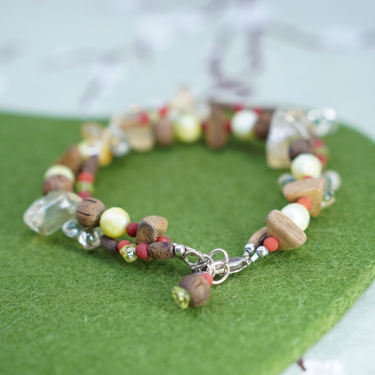 7+1”, 925 Sterling silver double strands bracelet citrine coral wooden beads