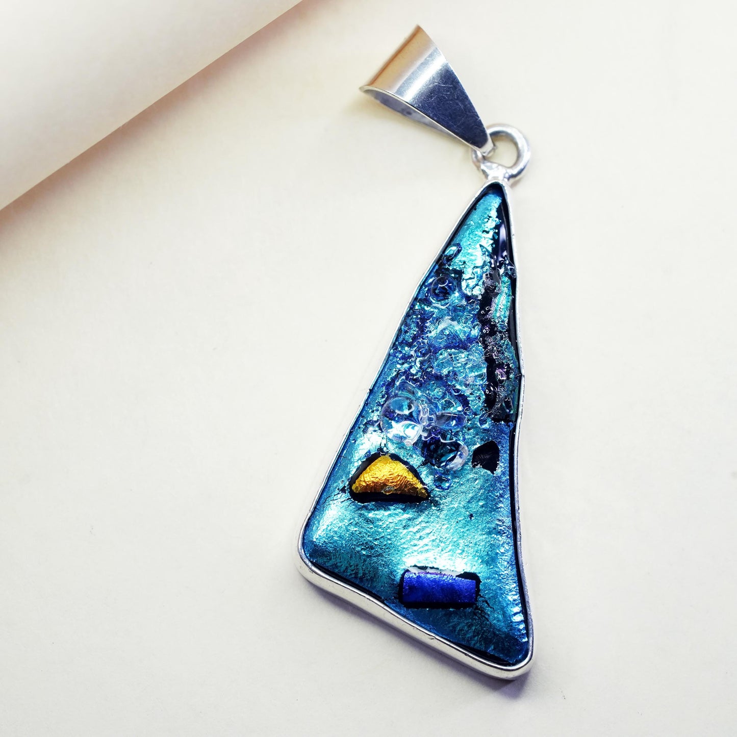 sterling 925 silver with blue metallic dichroic foiled glass triangle pendant