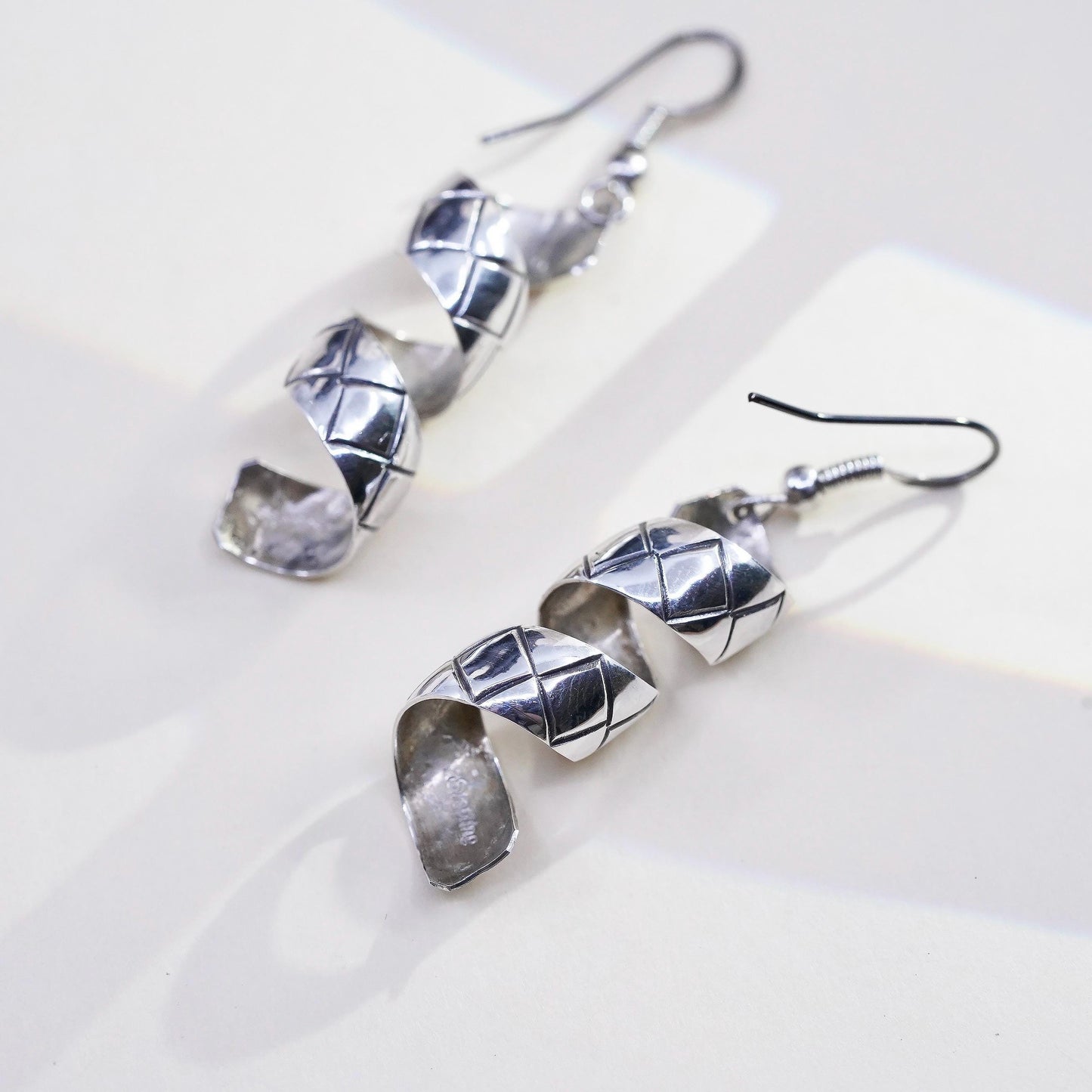 Vintage sterling silver handmade earrings, 925 twisted spiral dangles