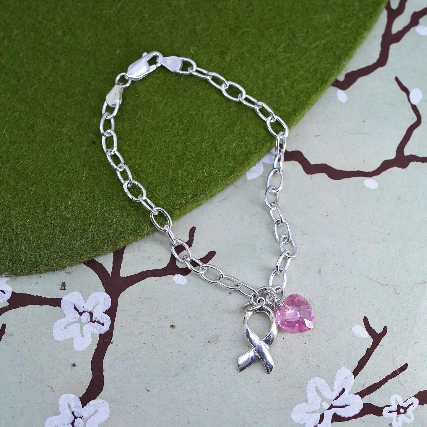 7", sterling silver circle bracelet, 925 chain Cz heart breast cancer survivor