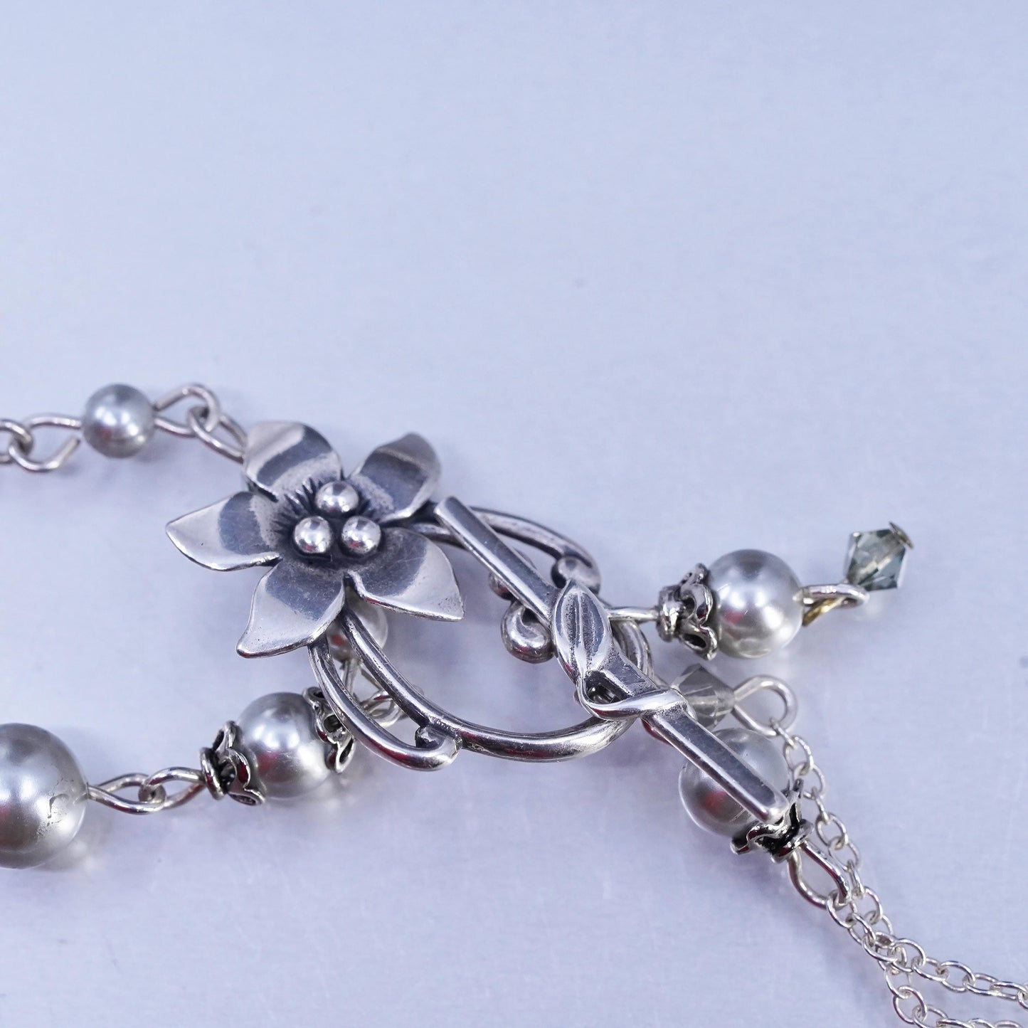 18” VTG double strands faux gray pearl necklace with 925 sterling Silver floral