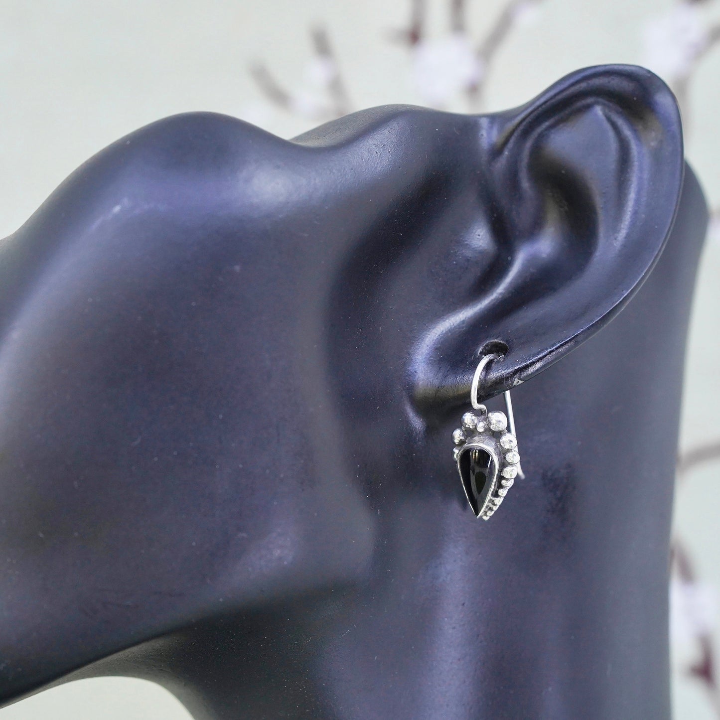 Vintage sterling 925 silver handmade earrings with teardrop onyx and beads