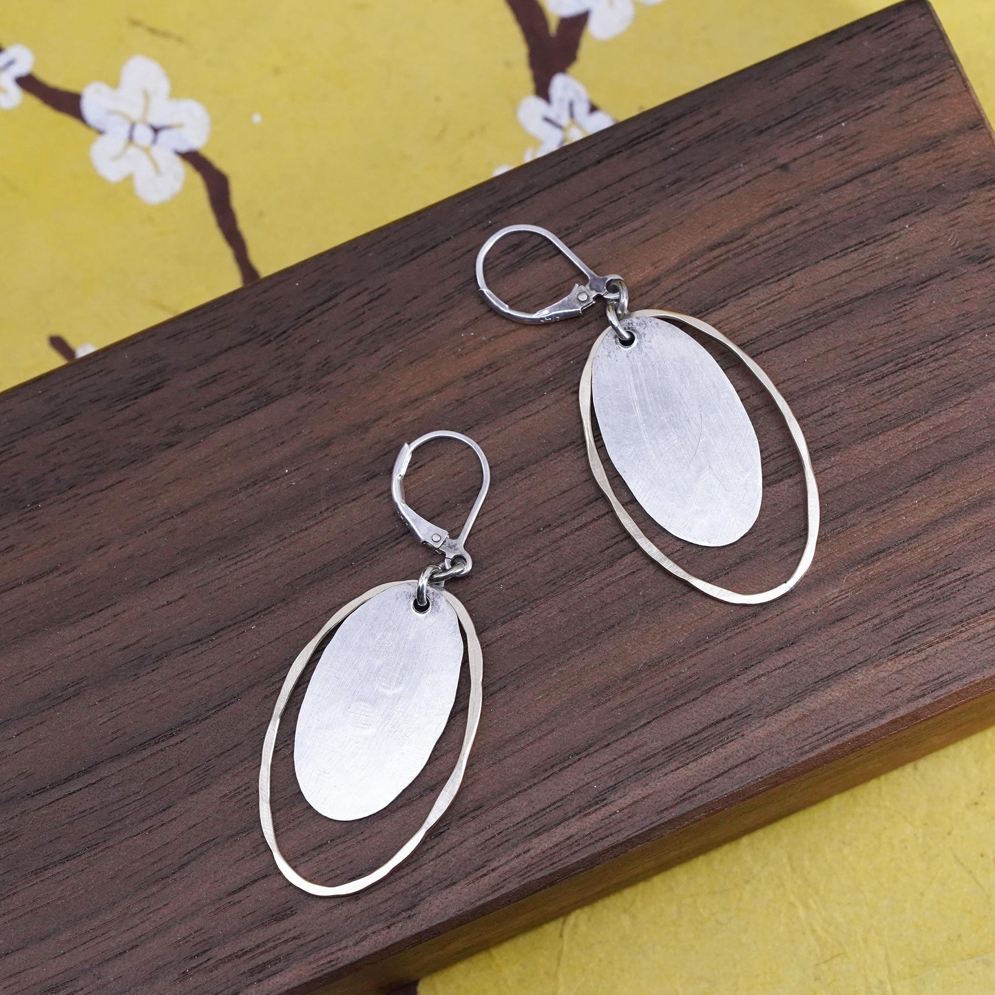 two tone Sterling 925 silver hammered circle earrings with brass circle dangles