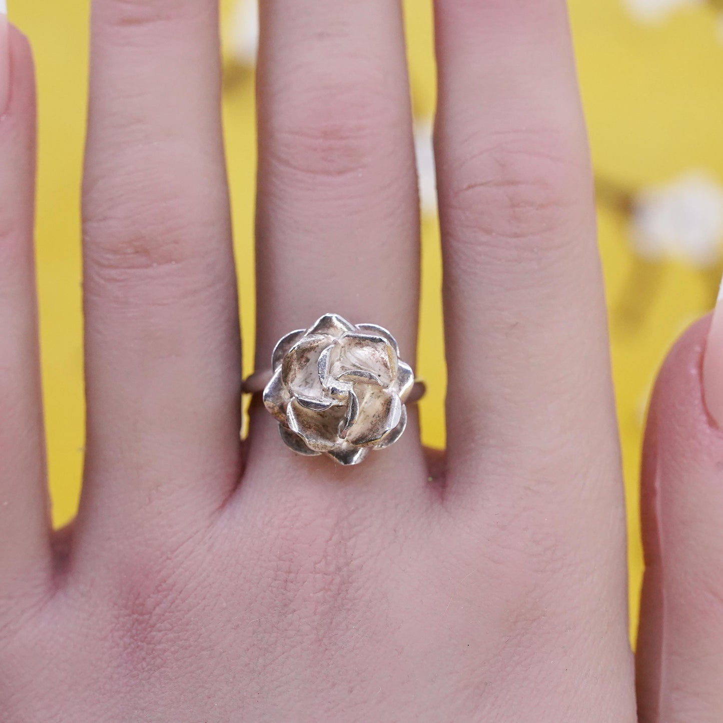 Size 7, vintage Mexican Sterling silver handmade ring, 925 rose flower
